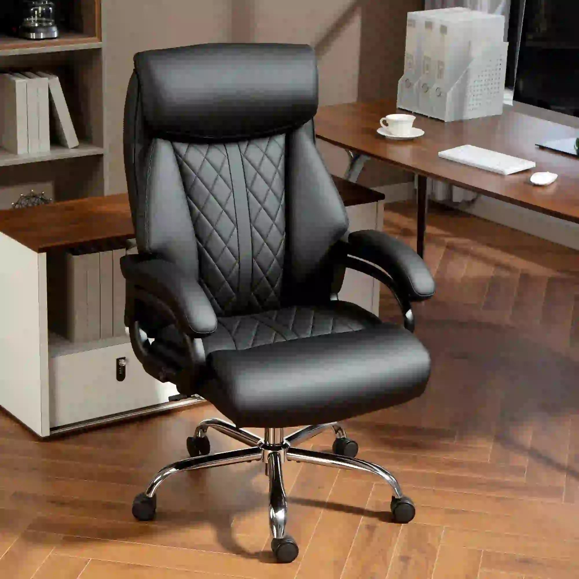 Office Chair with Spring Padding, PU Leather, High Back, Black - Image 8