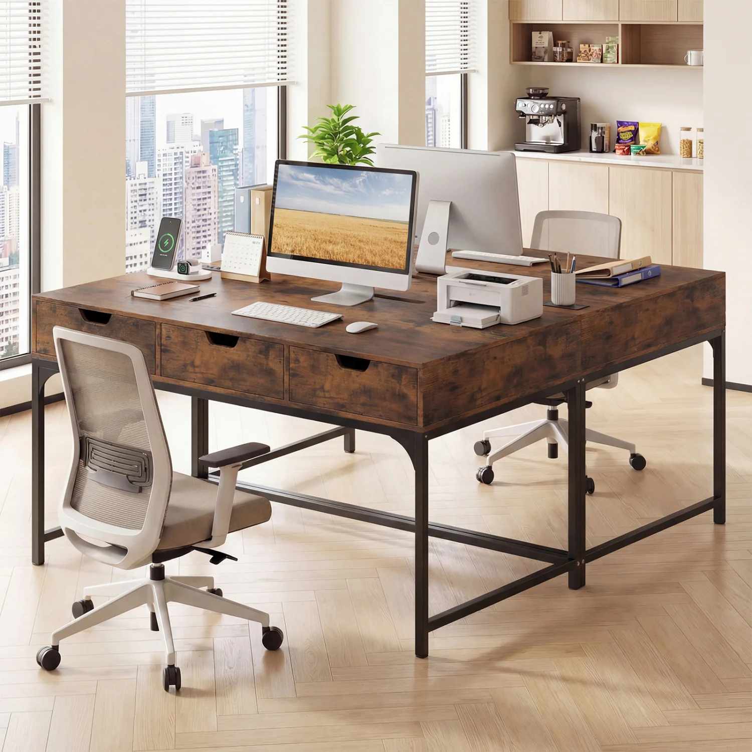 Office Desk With Power Outlets, Hidden Compartment, Brown - Image 3