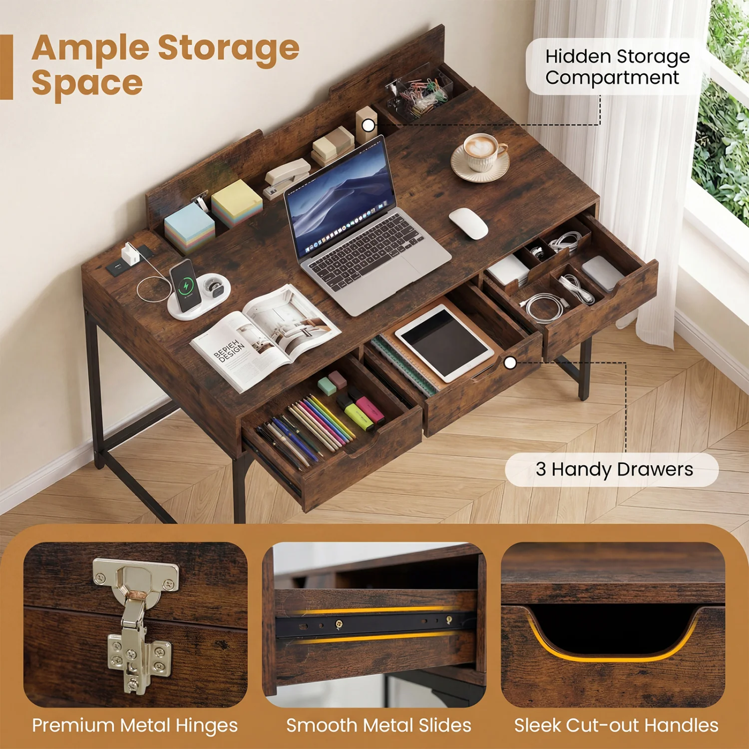 Office Desk With Power Outlets, Hidden Compartment, Brown - Image 8