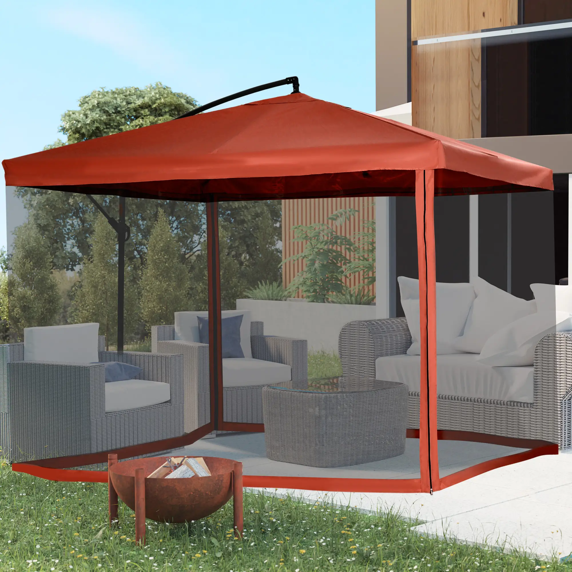 Offset Patio Umbrella, Adjustable Cantilever Canopy, Wine Red - Image 2