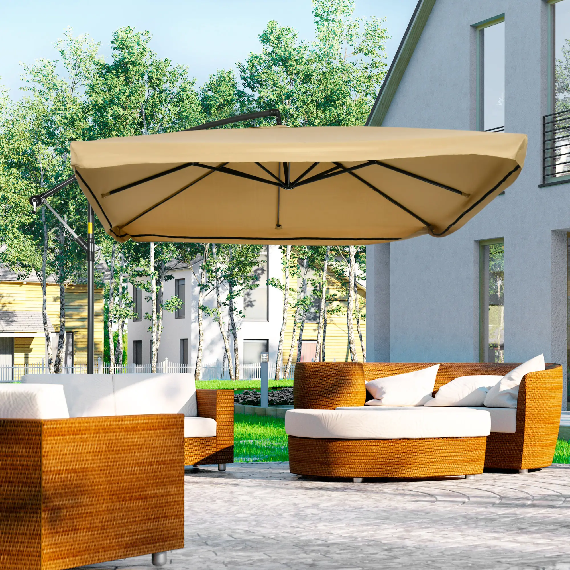 Offset Patio Umbrella with Net, Adjustable Canopy, Beige - Image 8