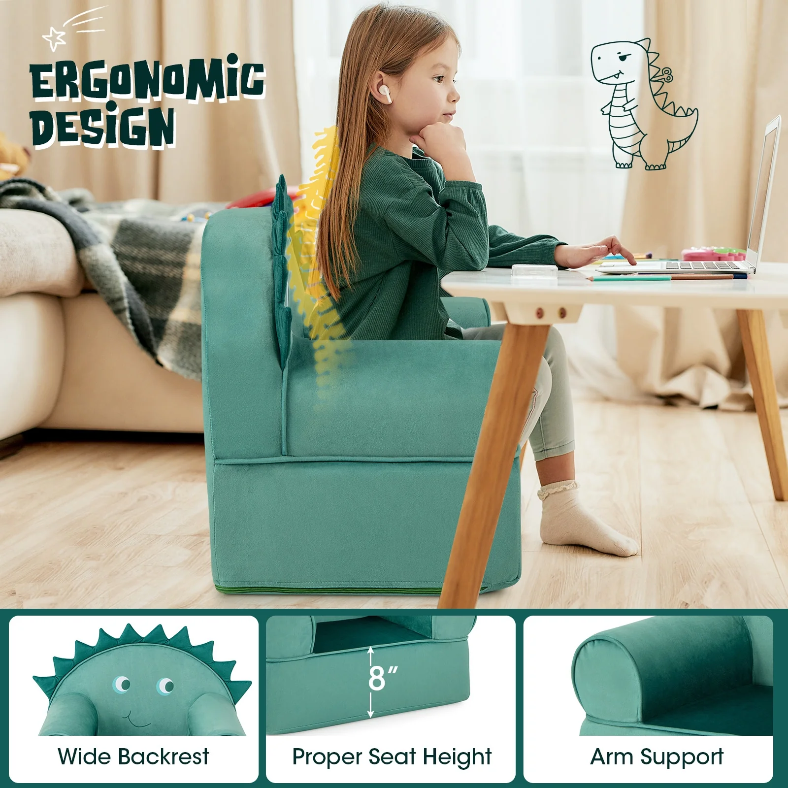 Original Kids Sofa with Armrest and Thick Cushion, Green - Image 8