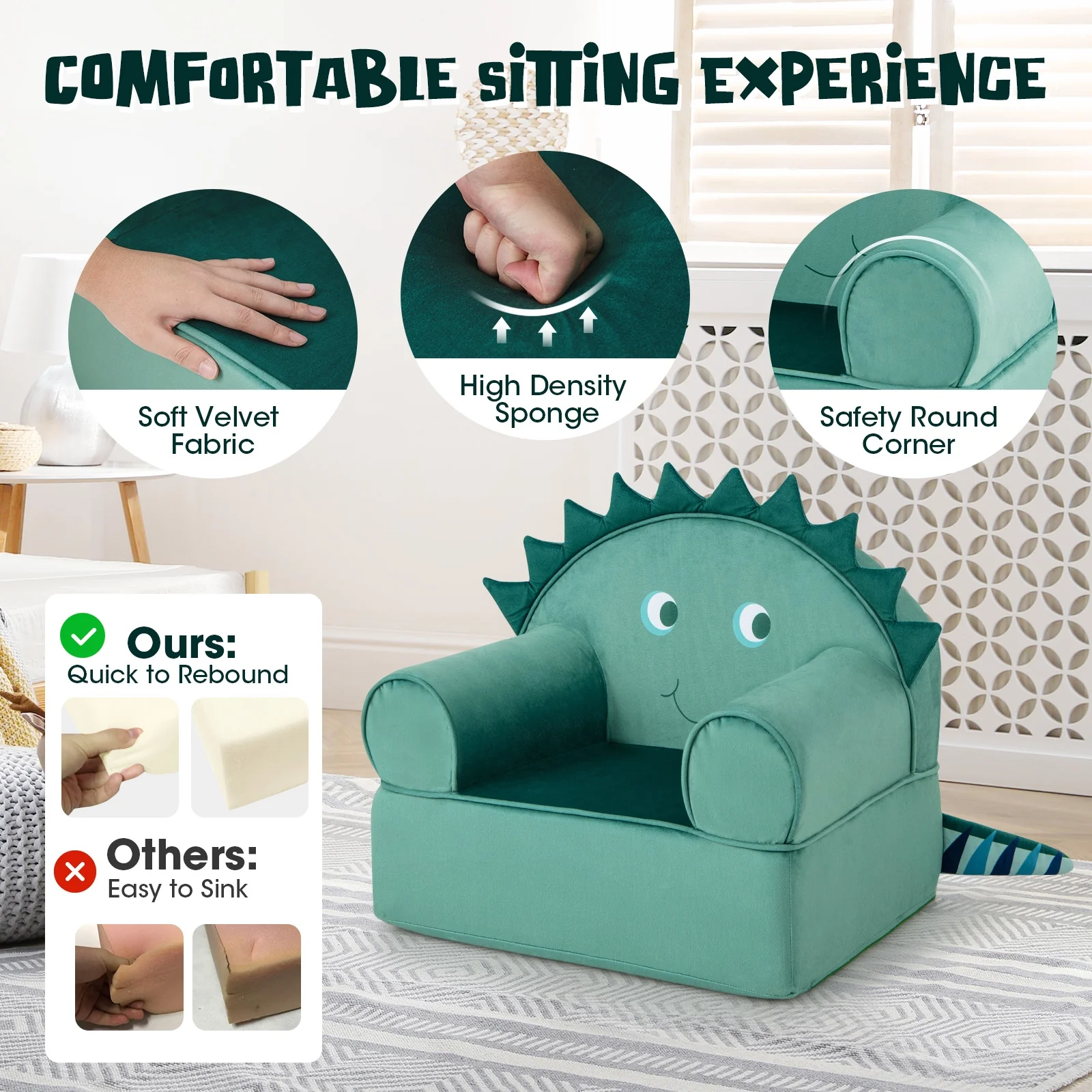 Original Kids Sofa with Armrest and Thick Cushion, Green - Image 9