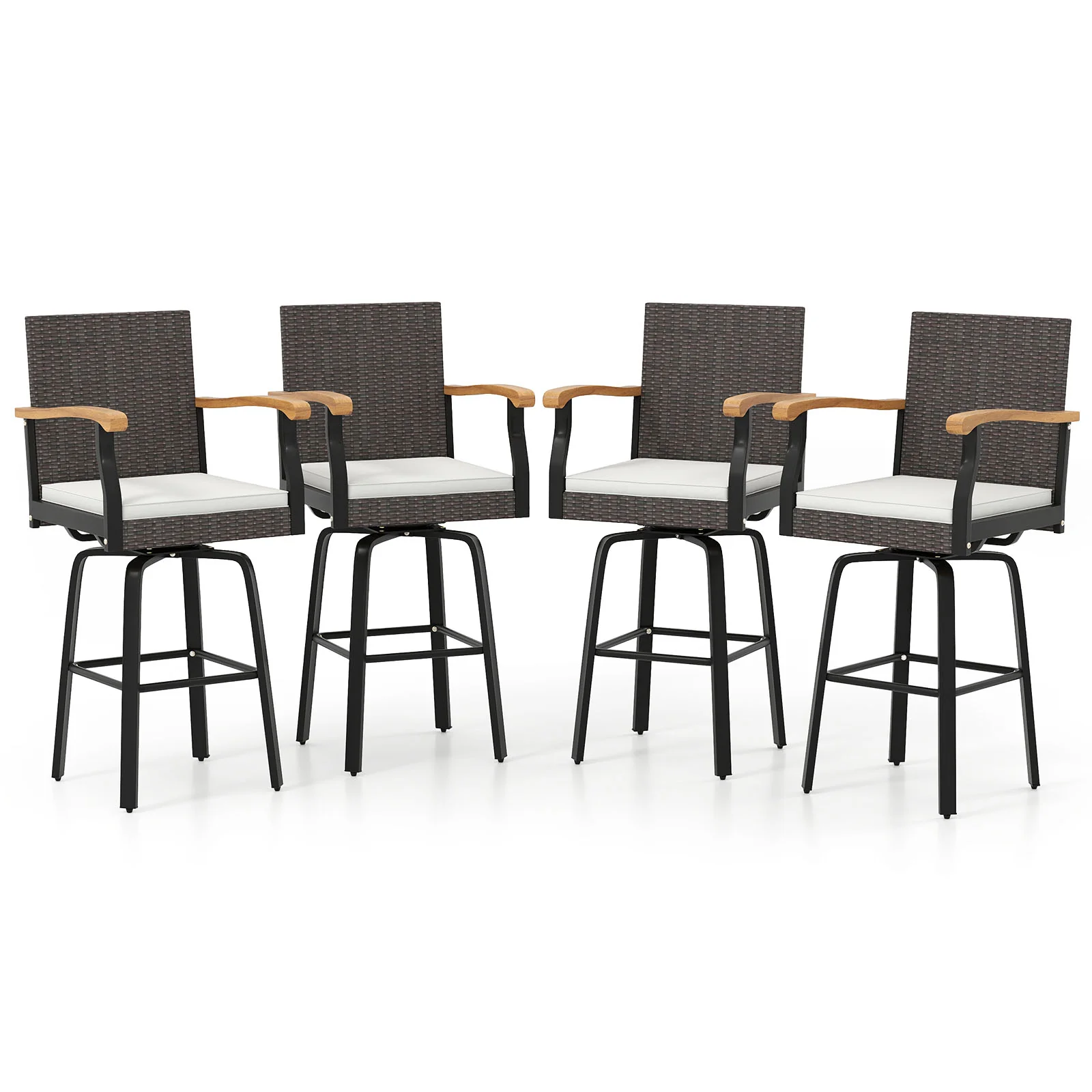 Outdoor 360° Swivel Bar Stool Set, With Cushion and Acacia Wood Armrests, Brown