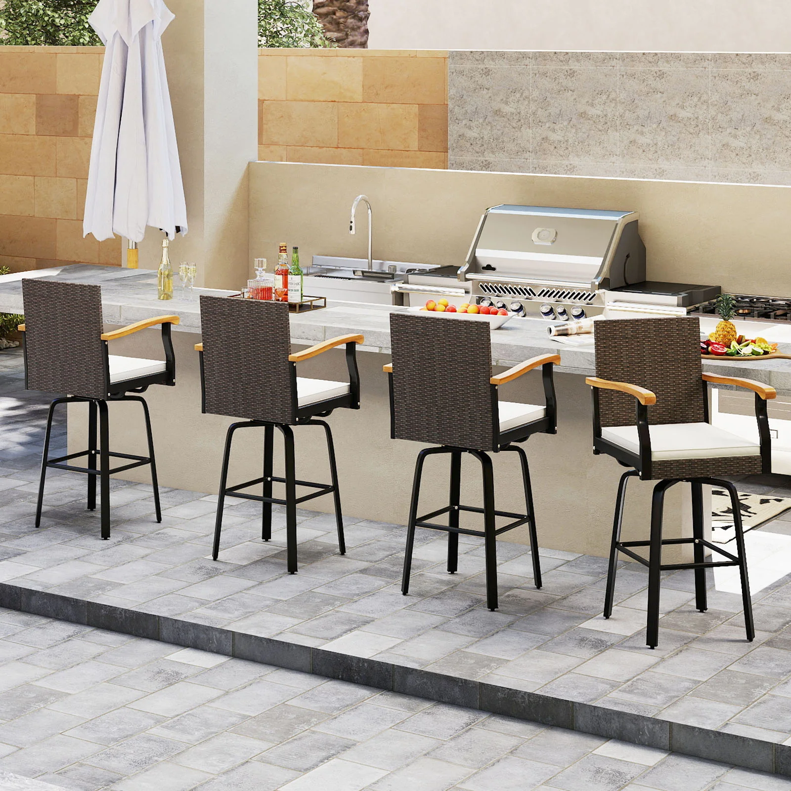 Outdoor 360° Swivel Bar Stool Set, With Cushion and Acacia Wood Armrests, Brown - Image 3