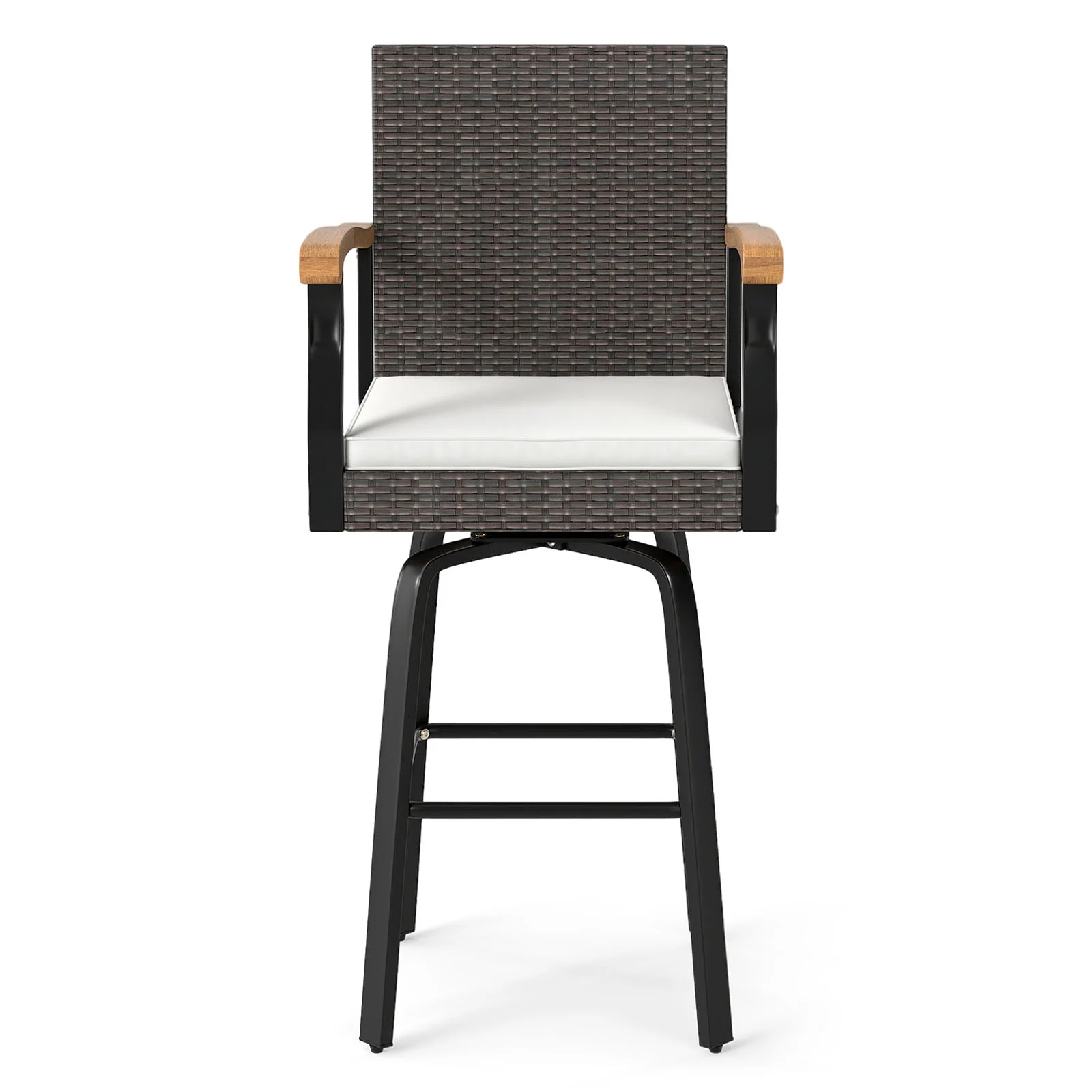 Outdoor 360° Swivel Bar Stool Set, With Cushion and Acacia Wood Armrests, Brown - Image 5