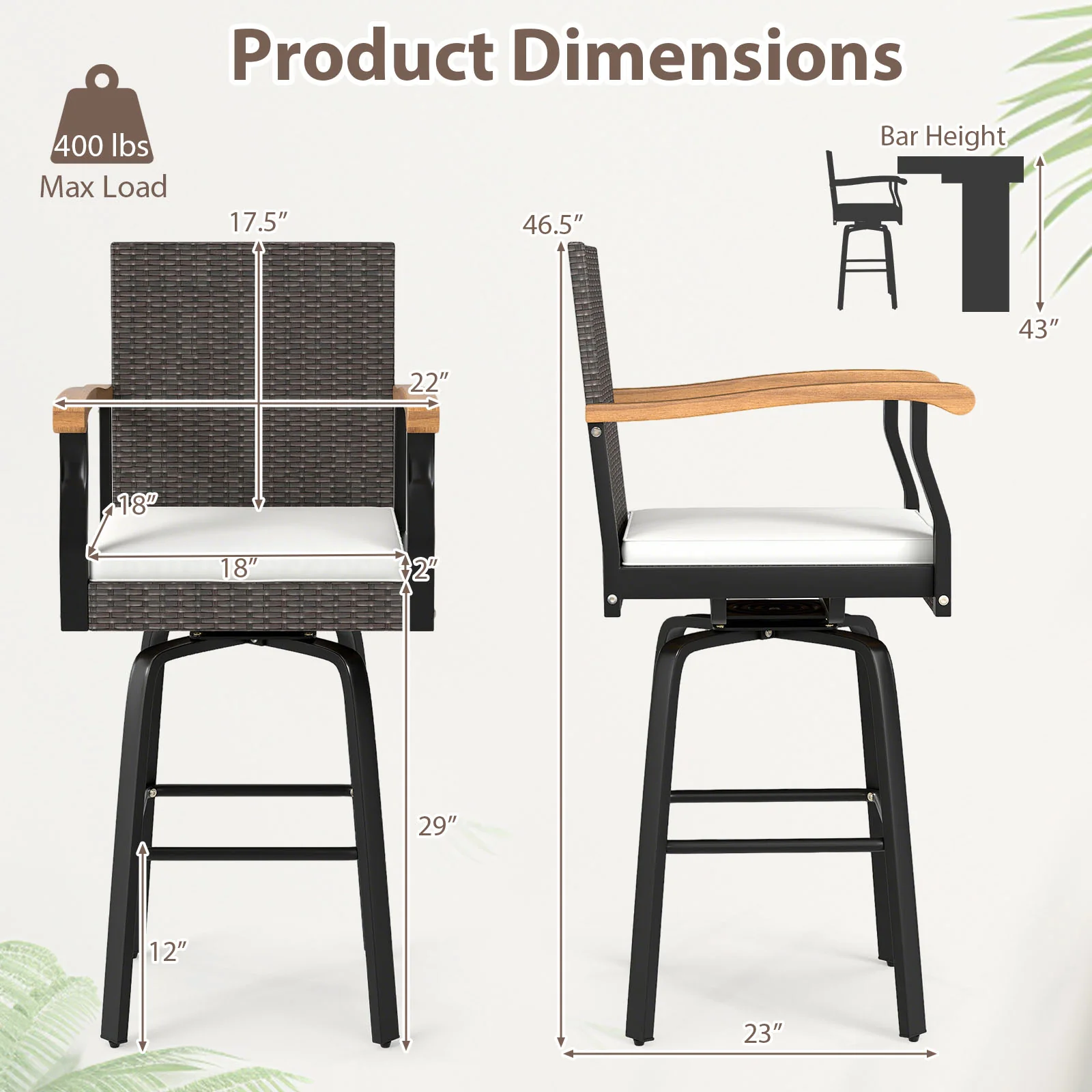 Outdoor 360° Swivel Bar Stool Set, With Cushion and Acacia Wood Armrests, Brown - Image 6
