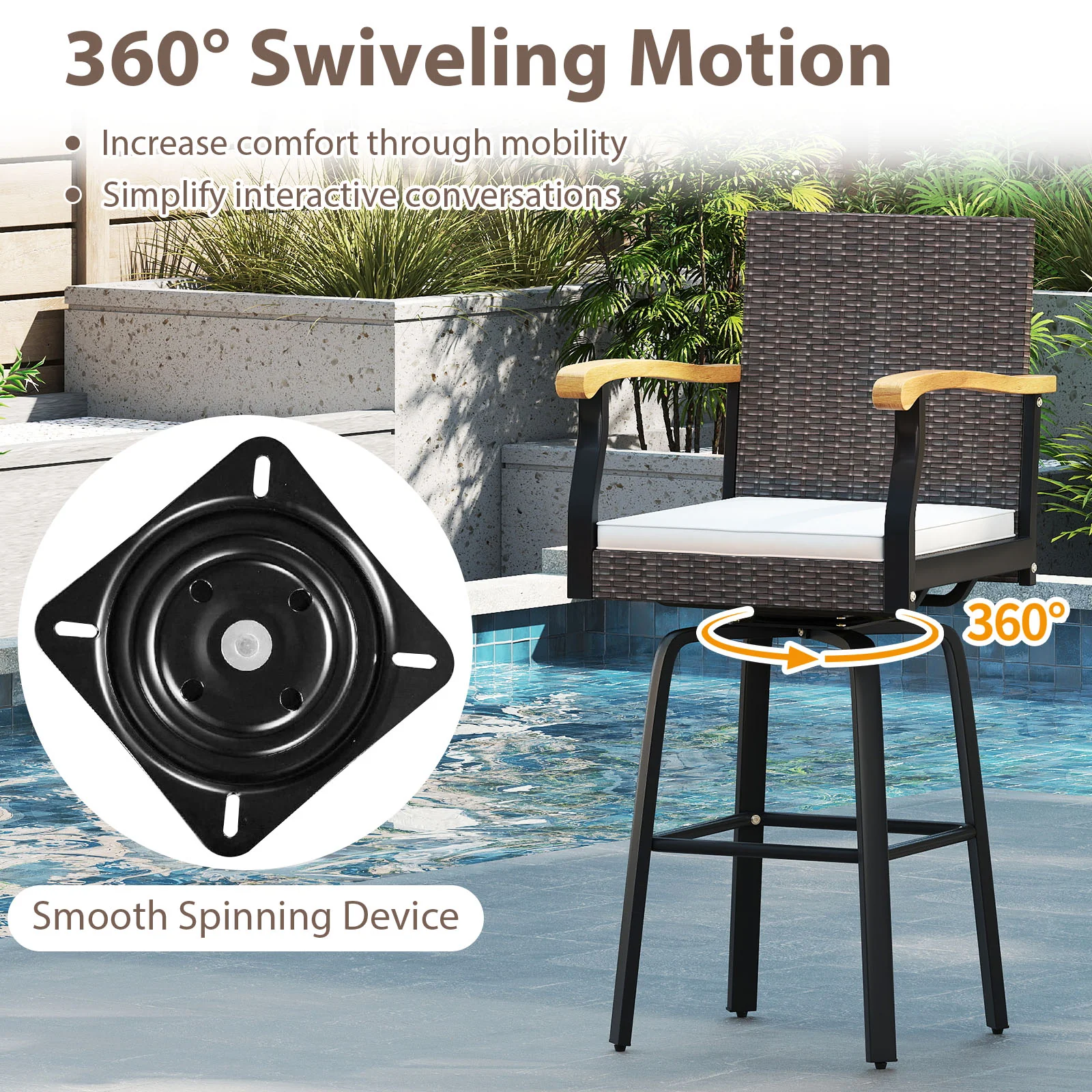Outdoor 360° Swivel Bar Stool Set, With Cushion and Acacia Wood Armrests, Brown - Image 8