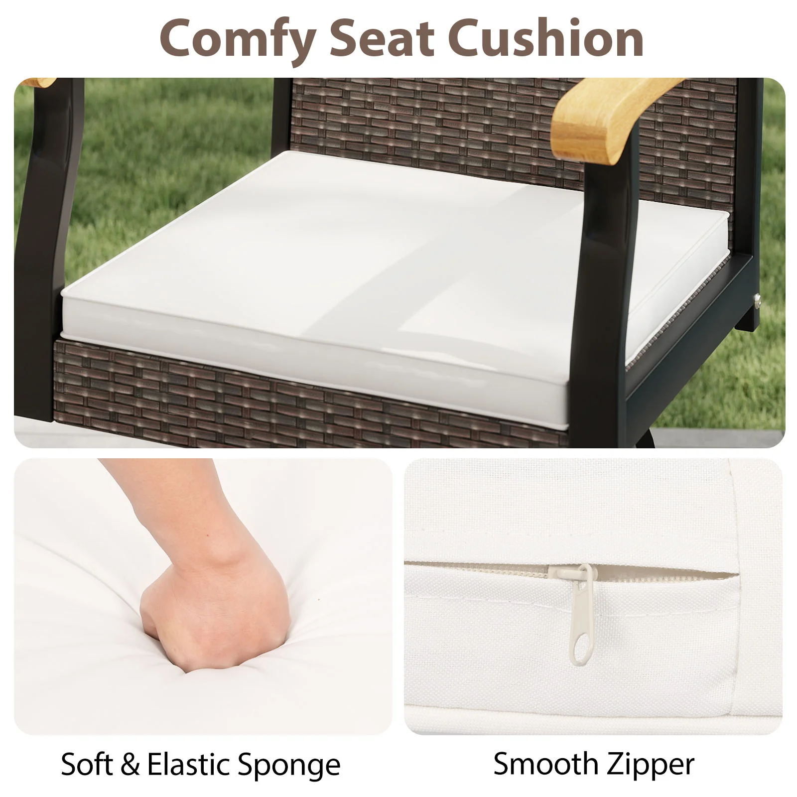Outdoor 360° Swivel Bar Stool Set, With Cushion and Acacia Wood Armrests, Brown - Image 9