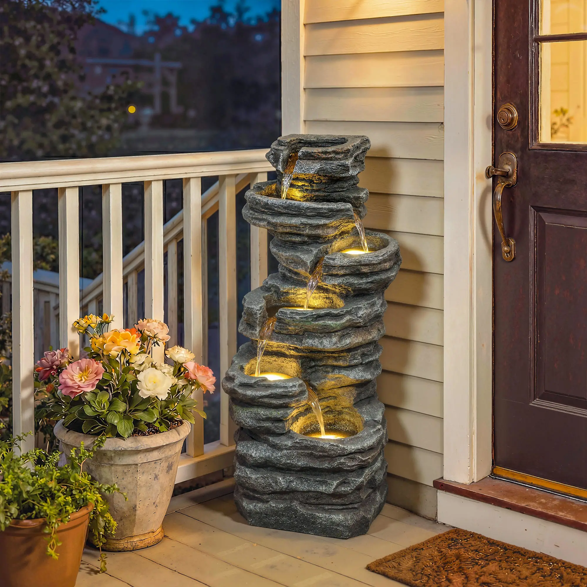 Outdoor 6-Tier Water Fountain, Waterfall With LED Lights, Resin Feature, Grey - Image 10