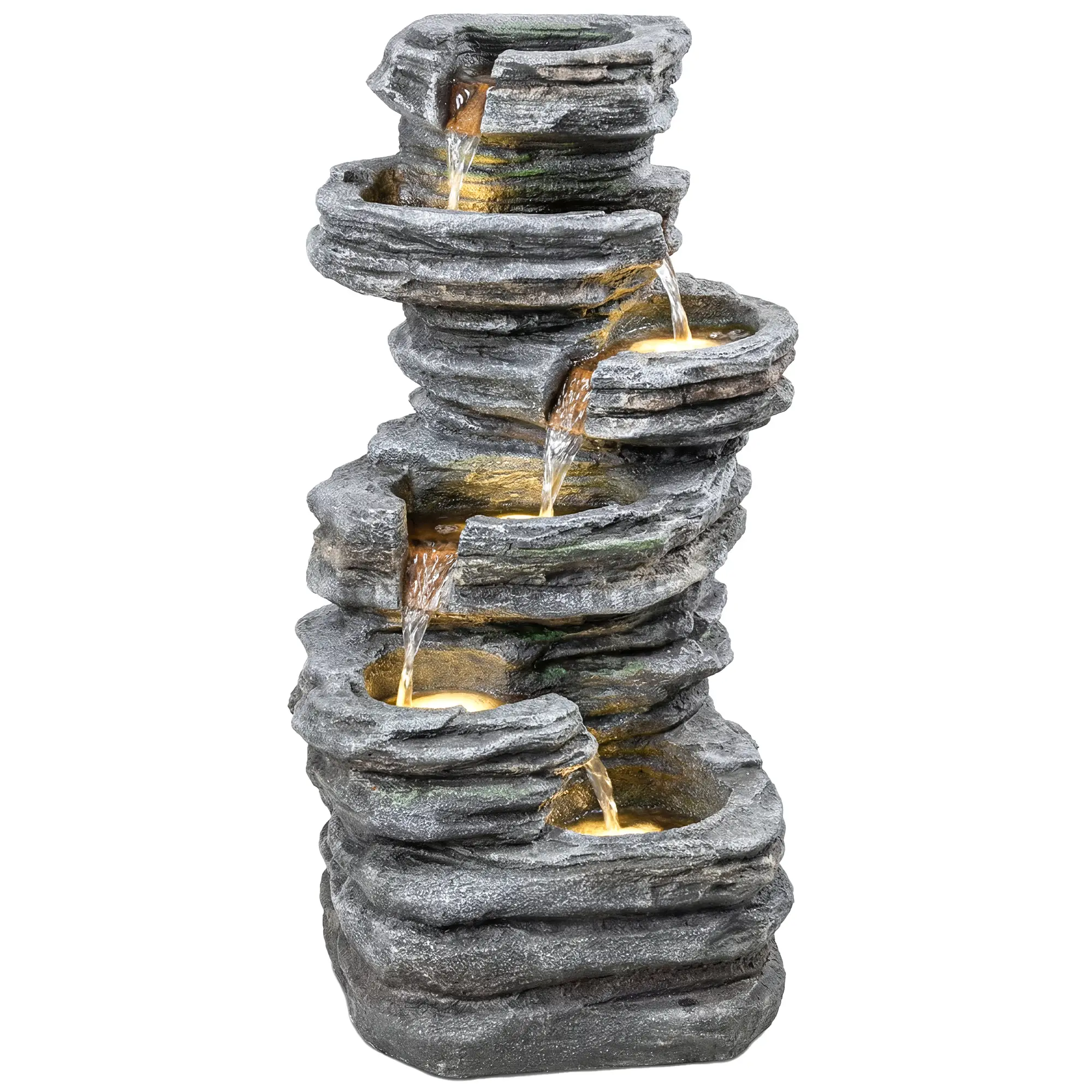 Outdoor 6-Tier Water Fountain, Waterfall With LED Lights, Resin Feature, Grey - Image 11
