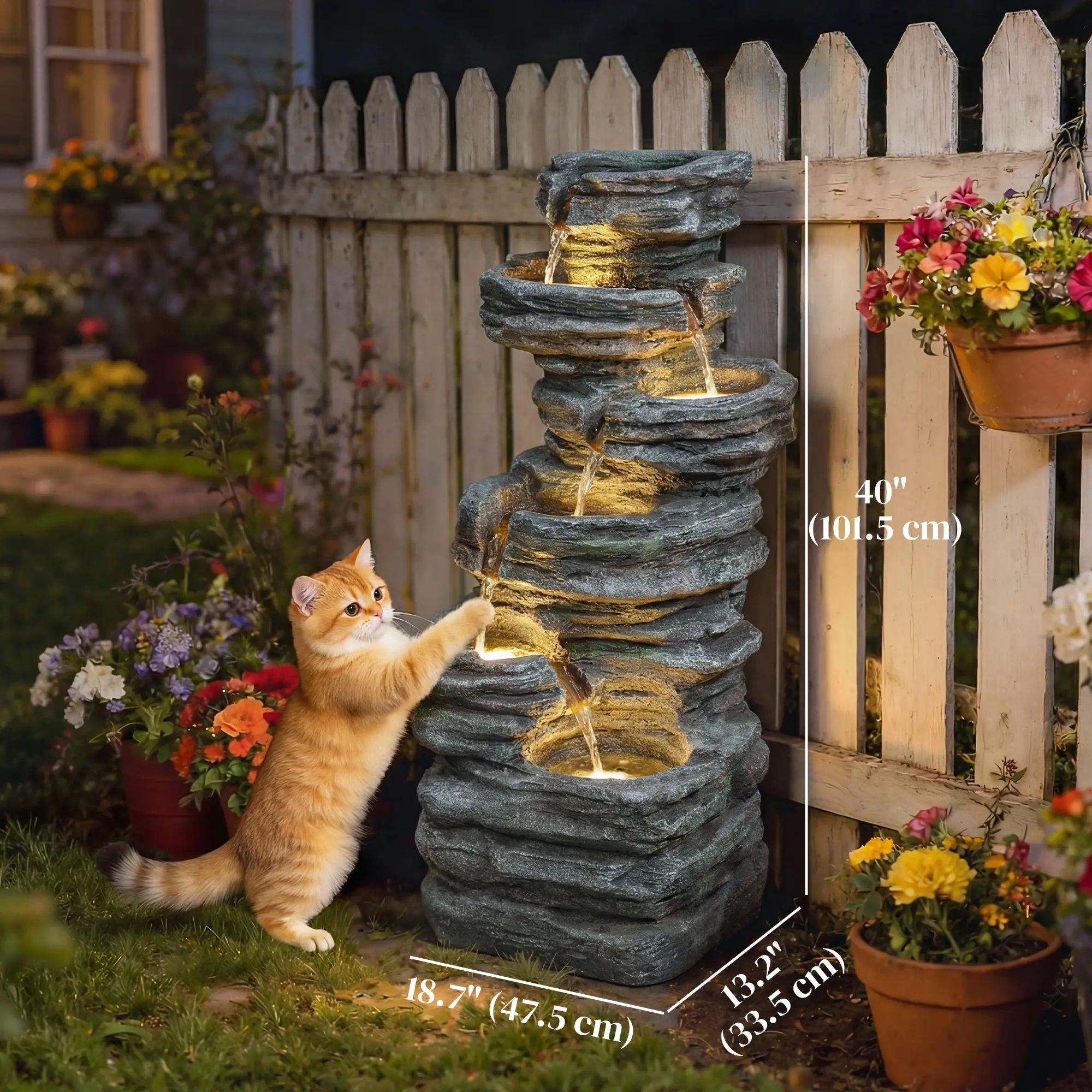 Outdoor 6-Tier Water Fountain, Waterfall With LED Lights, Resin Feature, Grey - Image 3