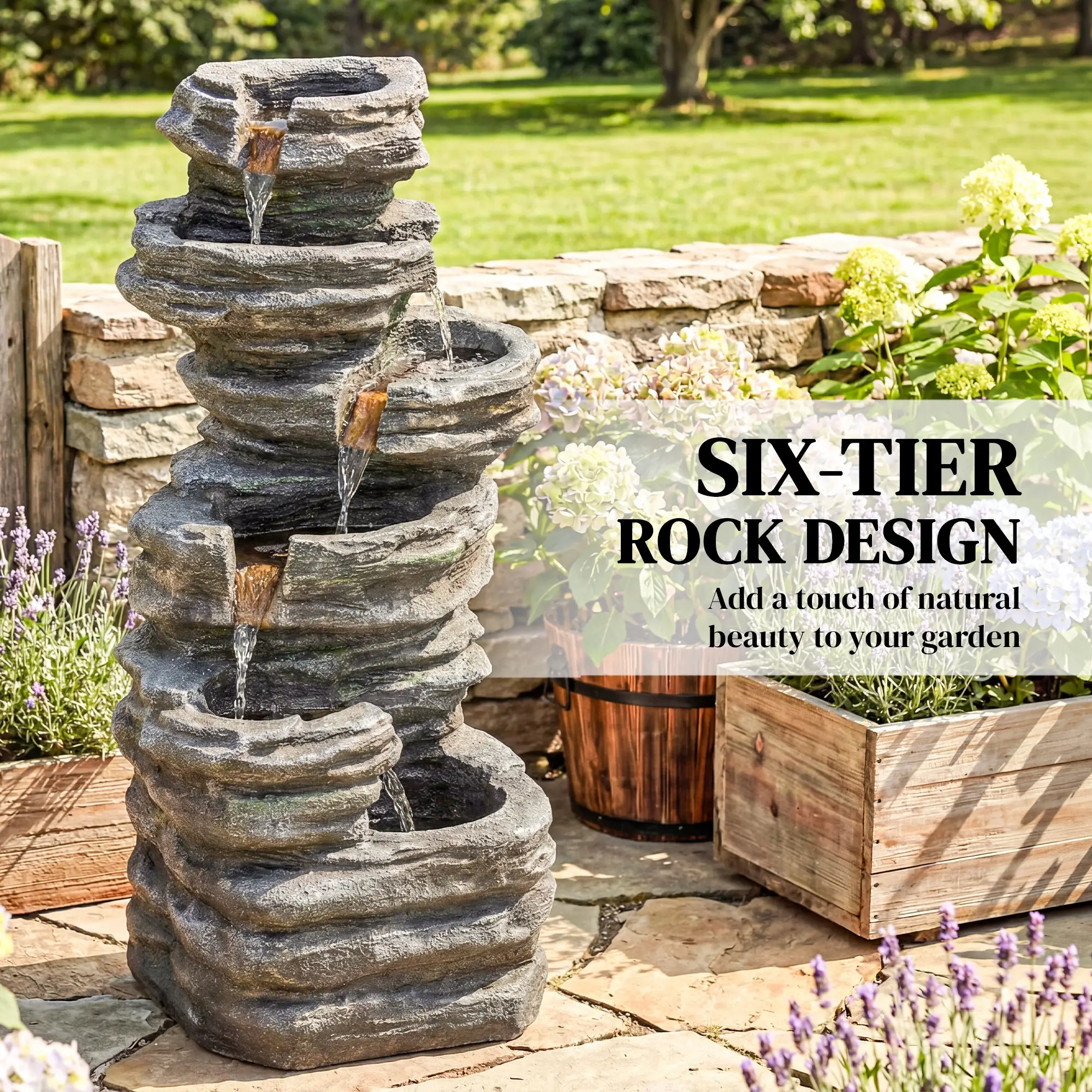 Outdoor 6-Tier Water Fountain, Waterfall With LED Lights, Resin Feature, Grey - Image 4