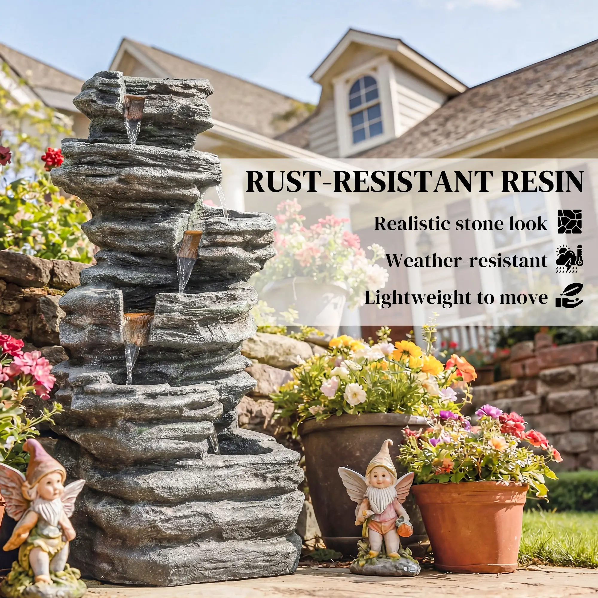Outdoor 6-Tier Water Fountain, Waterfall With LED Lights, Resin Feature, Grey - Image 7