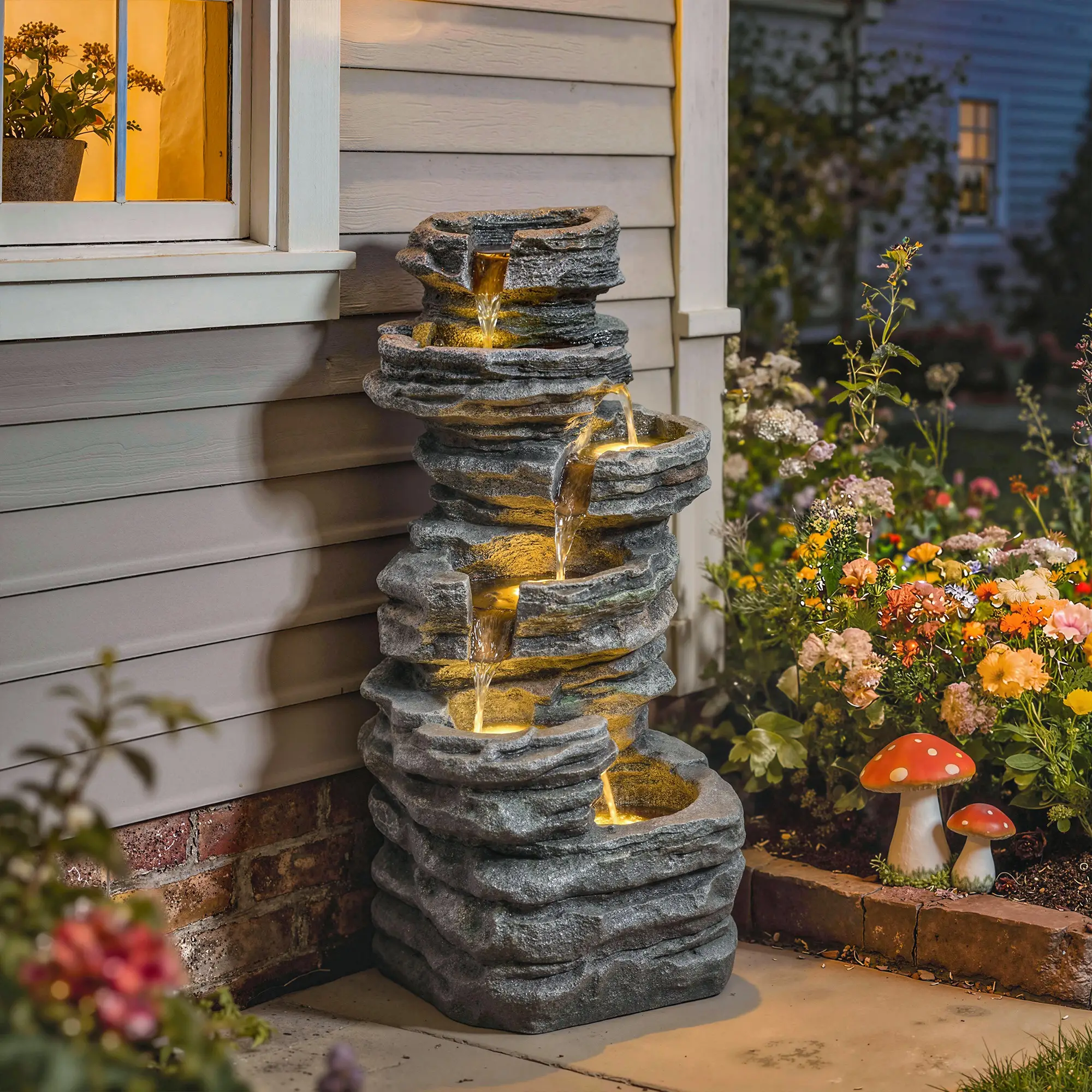 Outdoor 6-Tier Water Fountain, Waterfall With LED Lights, Resin Feature, Grey - Image 8