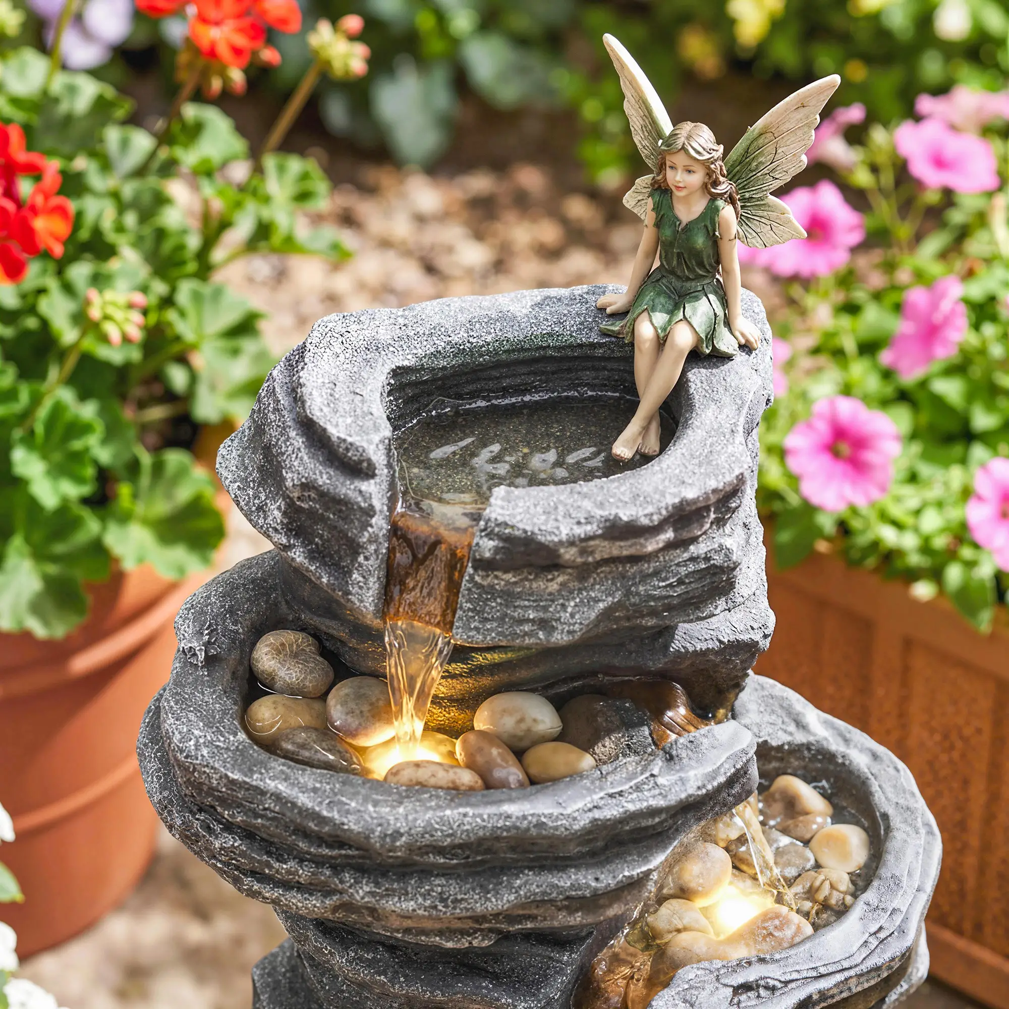 Outdoor 6-Tier Water Fountain, Waterfall With LED Lights, Resin Feature, Grey - Image 9