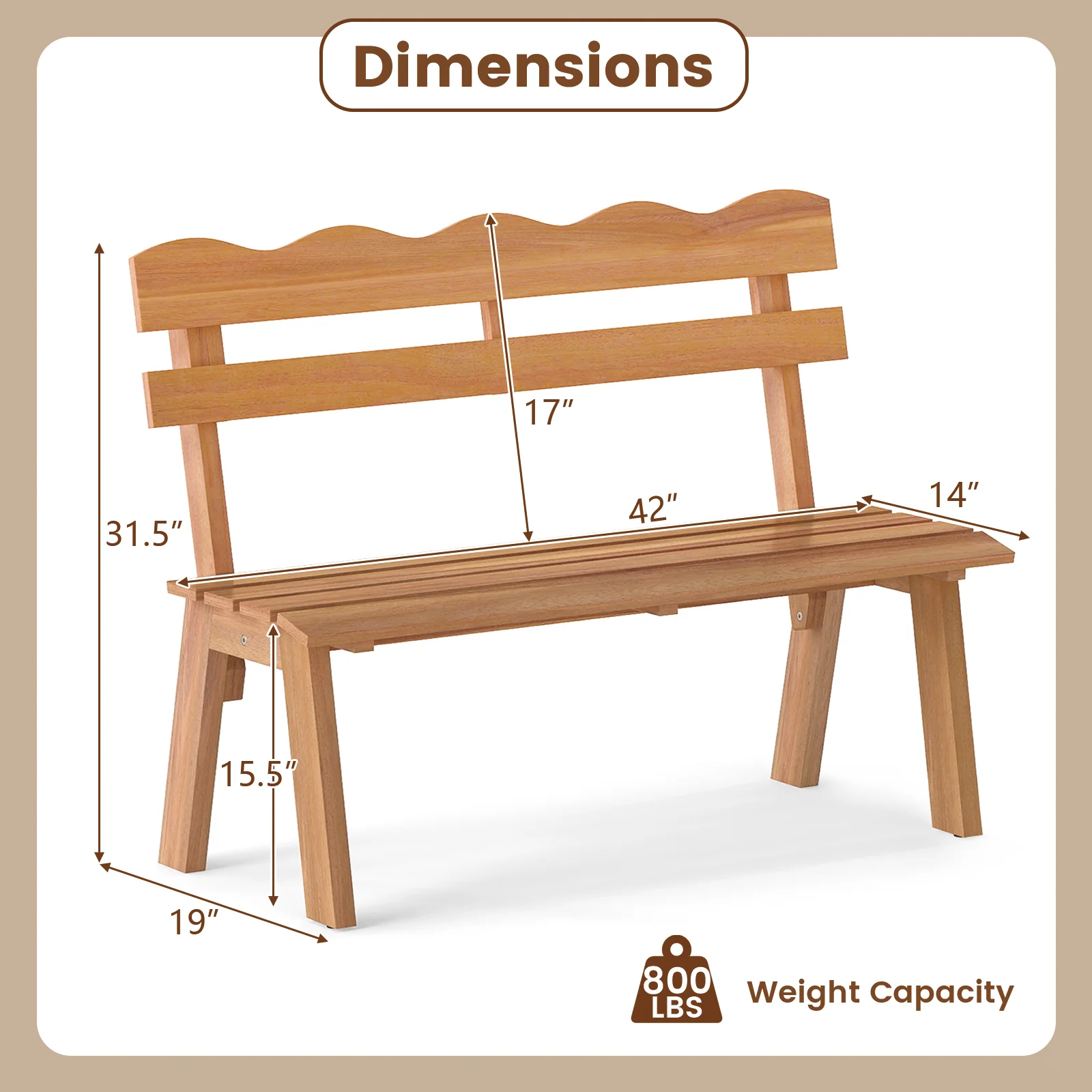 Outdoor Acacia Wood Garden Bench with 800 lbs Weight Capacity - Image 5