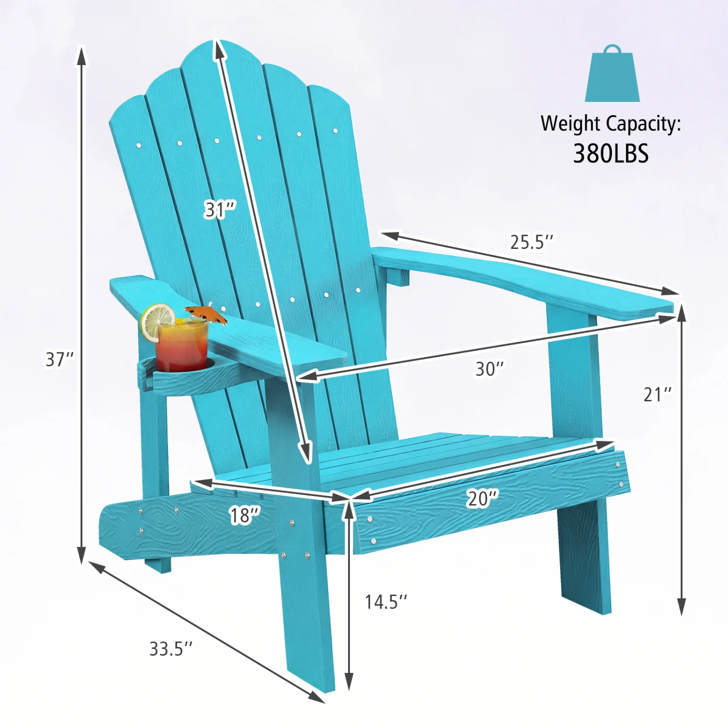 Outdoor Adirondack Chair, Weather Resistant HIPS, With Cup Holder, Turquoise - Image 2