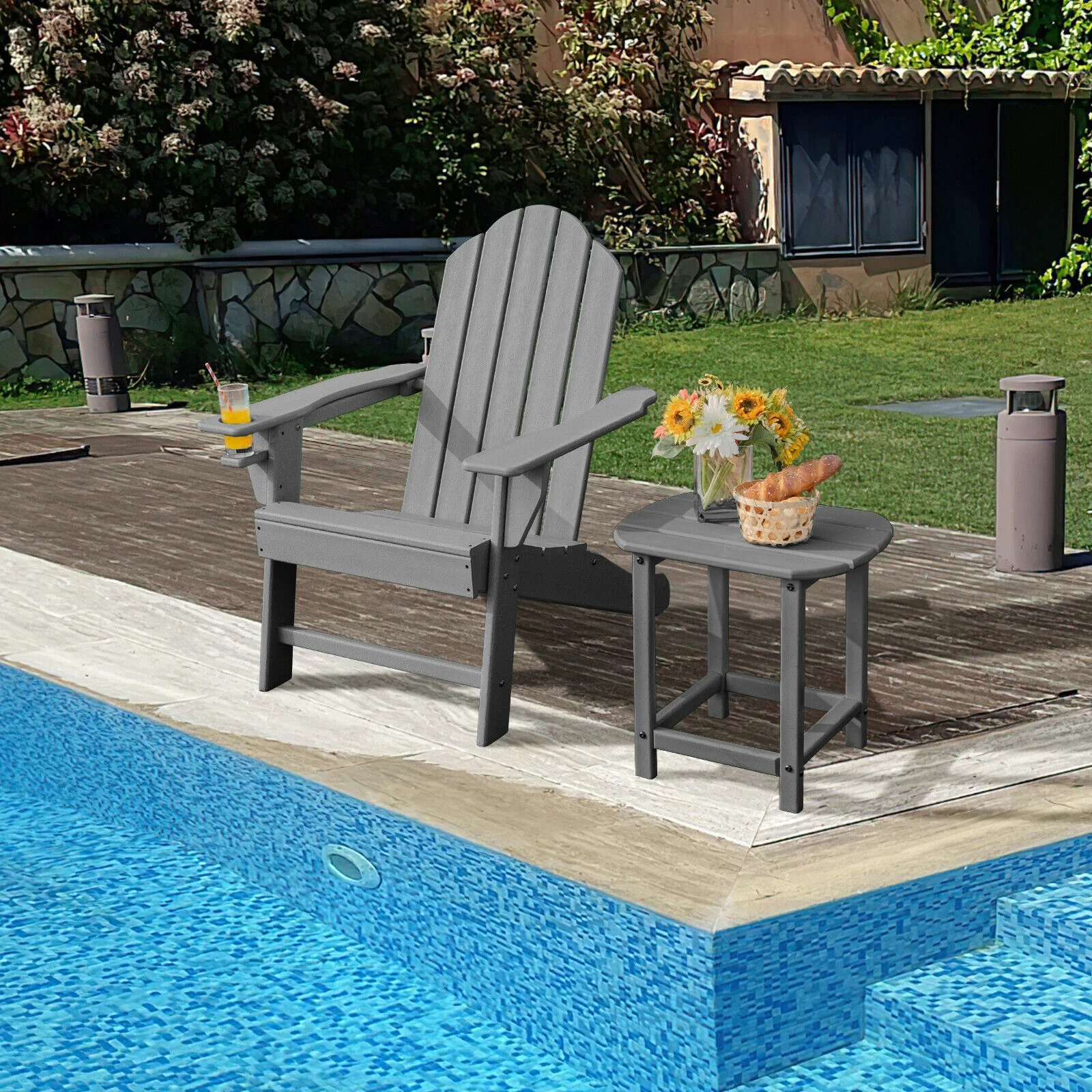 Outdoor Adirondack Chair With Built-In Cup Holder, Gray - Image 2