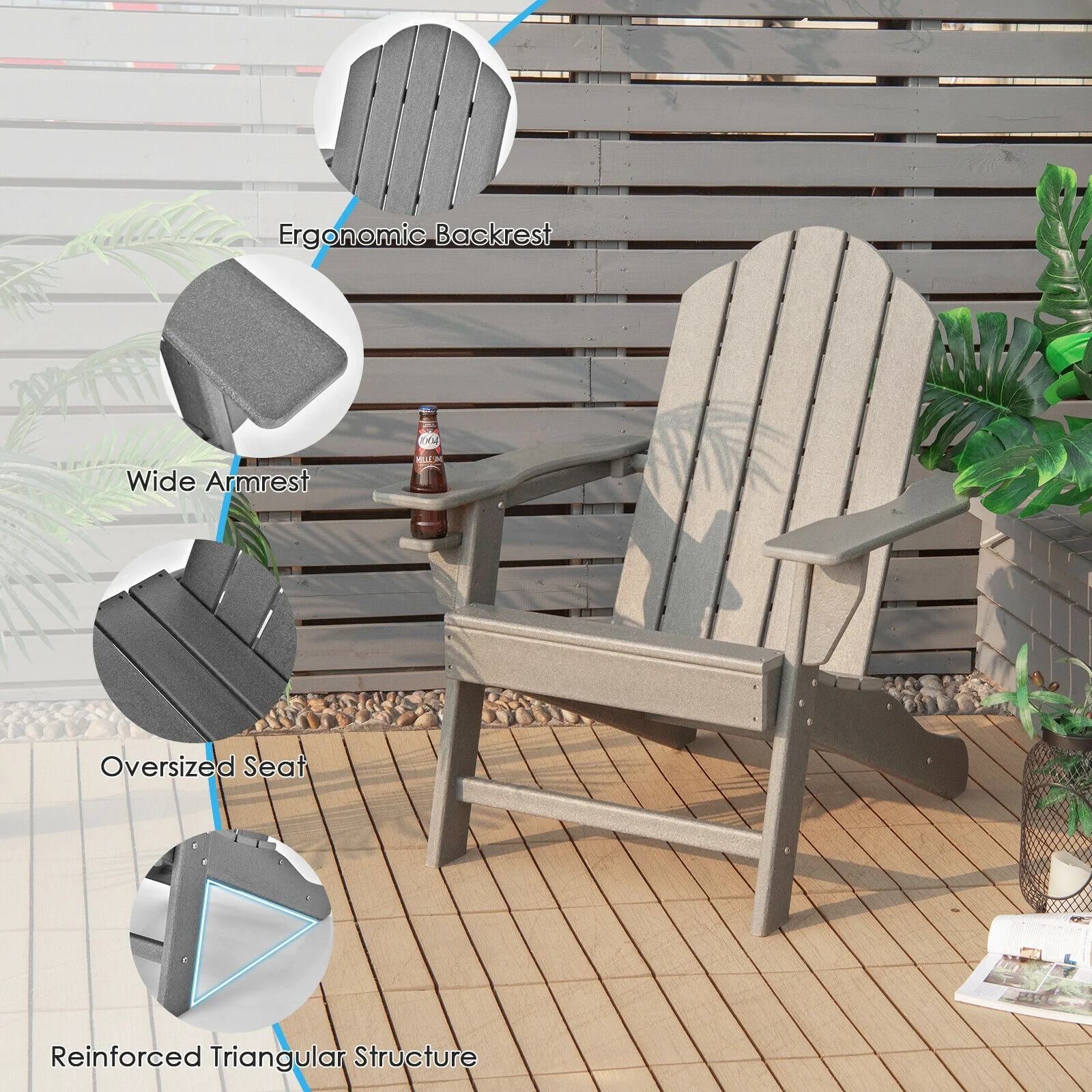 Outdoor Adirondack Chair With Built-In Cup Holder, Gray - Image 7