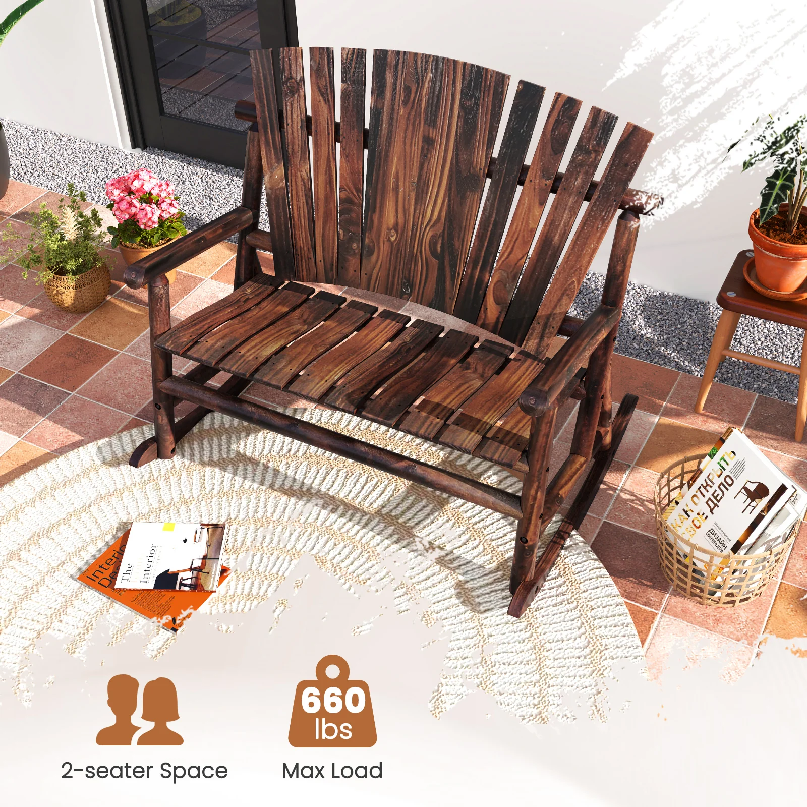 Outdoor Adirondack Rocking Chair, High Back Slatted Seat, Brown - Image 10