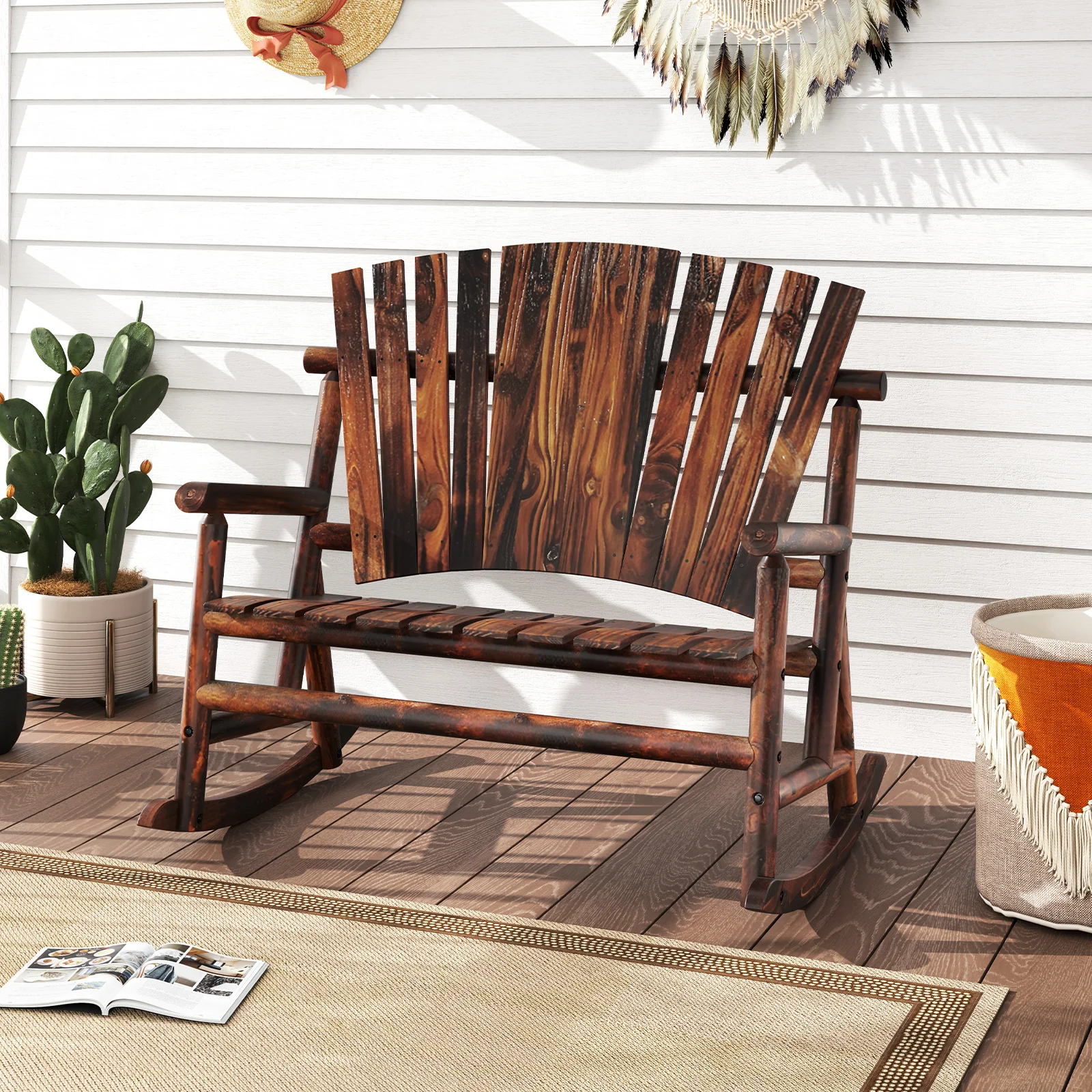 Outdoor Adirondack Rocking Chair, High Back Slatted Seat, Brown - Image 2
