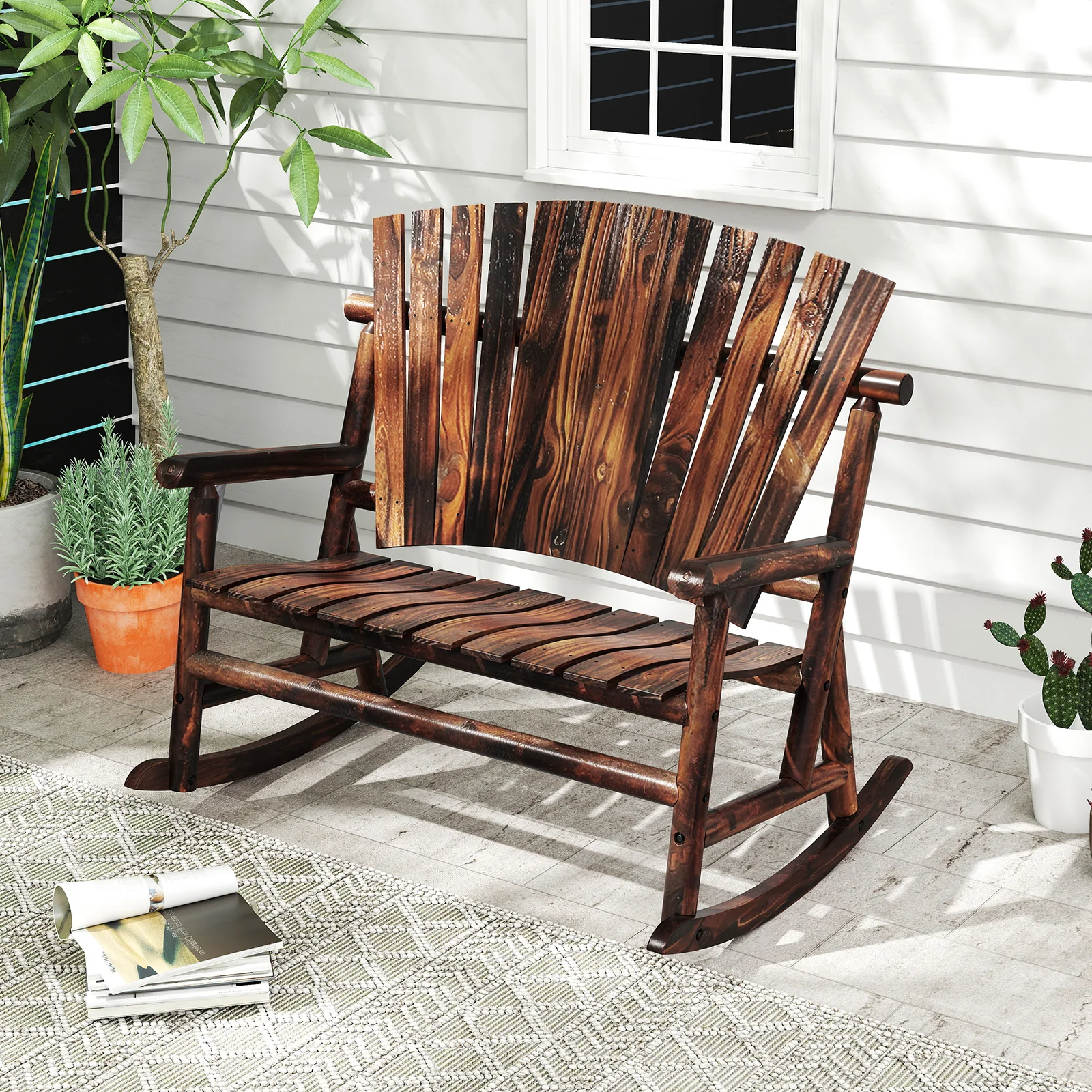 Outdoor Adirondack Rocking Chair, High Back Slatted Seat, Brown - Image 3