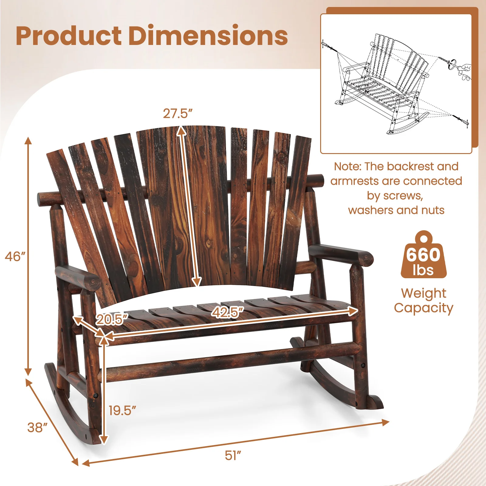 Outdoor Adirondack Rocking Chair, High Back Slatted Seat, Brown - Image 5