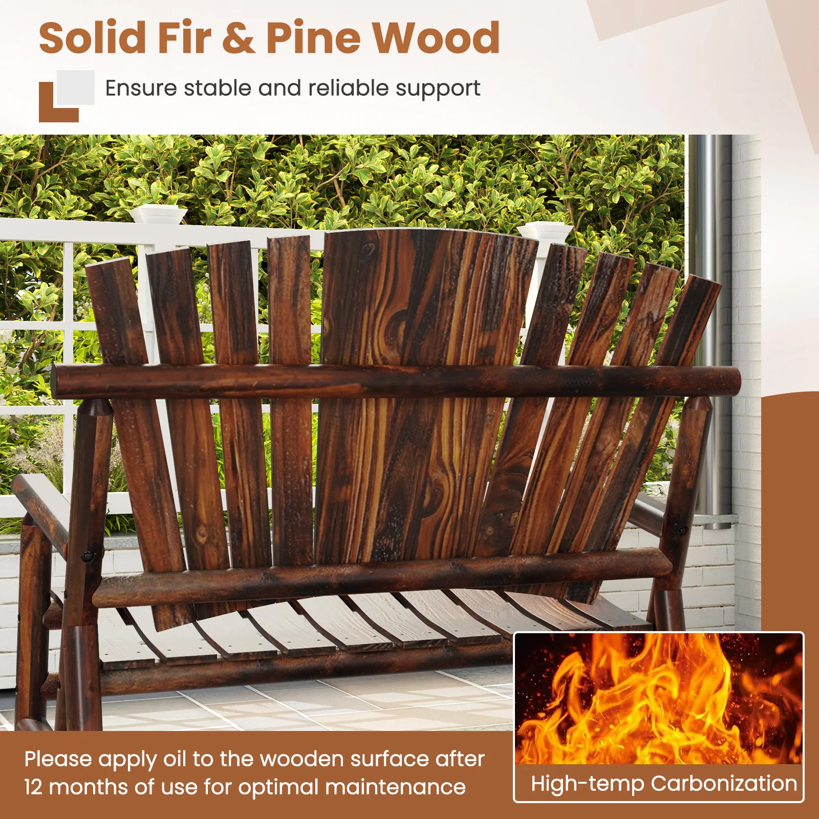 Outdoor Adirondack Rocking Chair, High Back Slatted Seat, Brown - Image 6