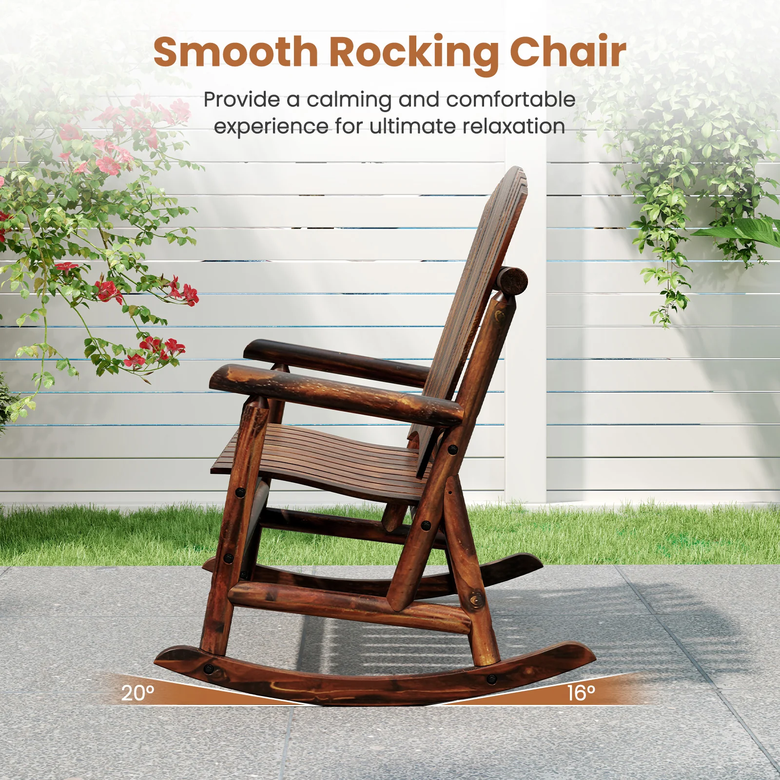 Outdoor Adirondack Rocking Chair, High Back Slatted Seat, Brown - Image 7