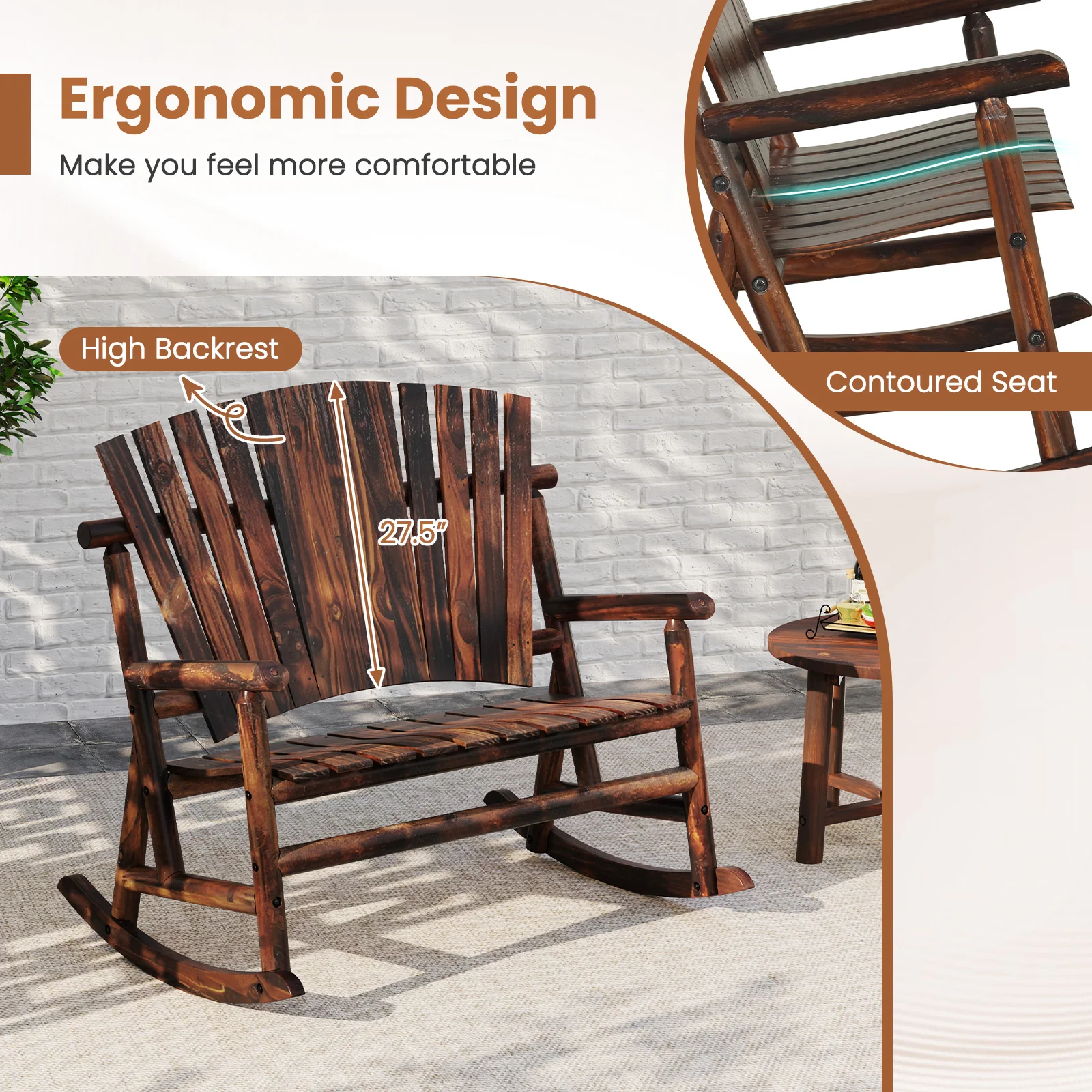 Outdoor Adirondack Rocking Chair, High Back Slatted Seat, Brown - Image 8