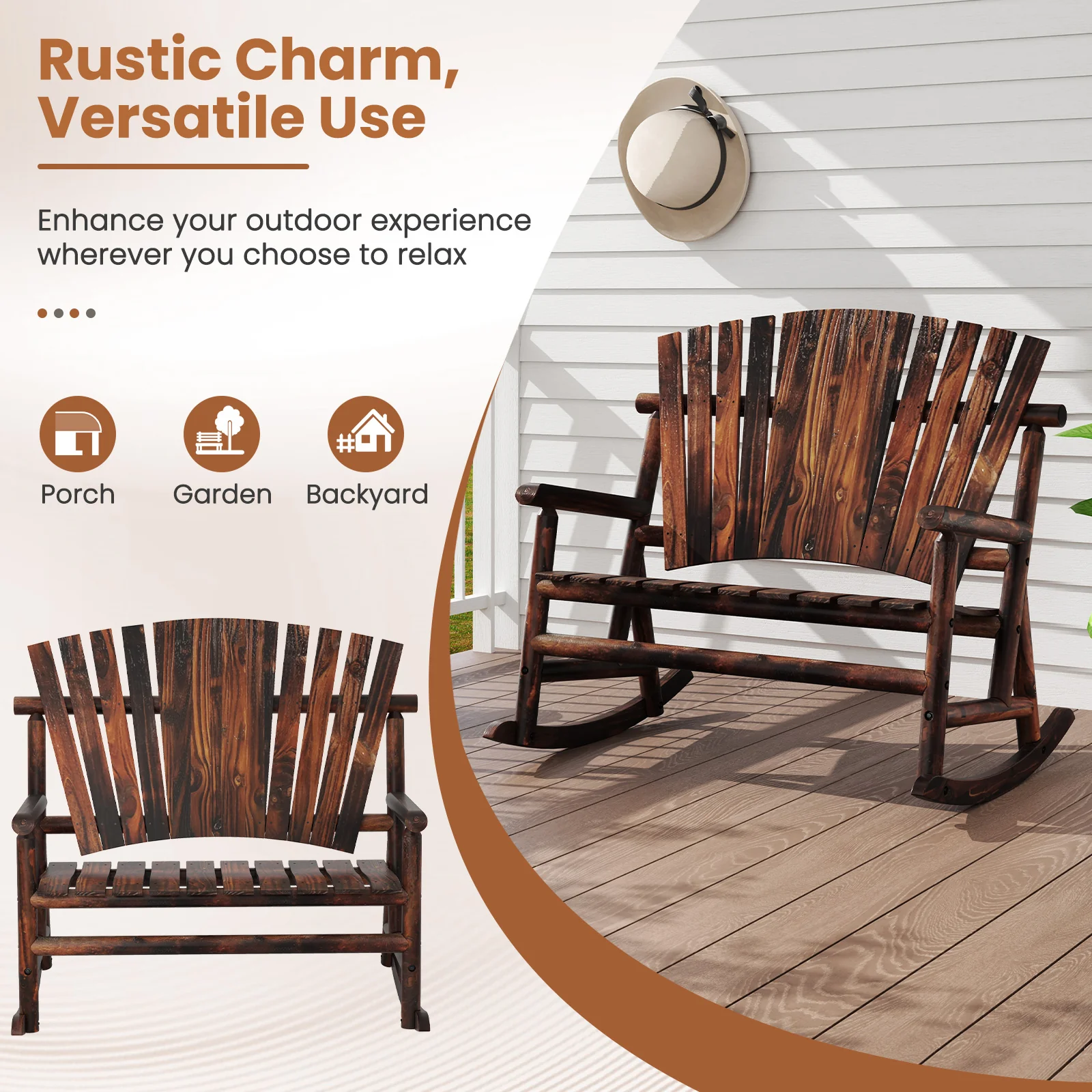 Outdoor Adirondack Rocking Chair, High Back Slatted Seat, Brown - Image 9