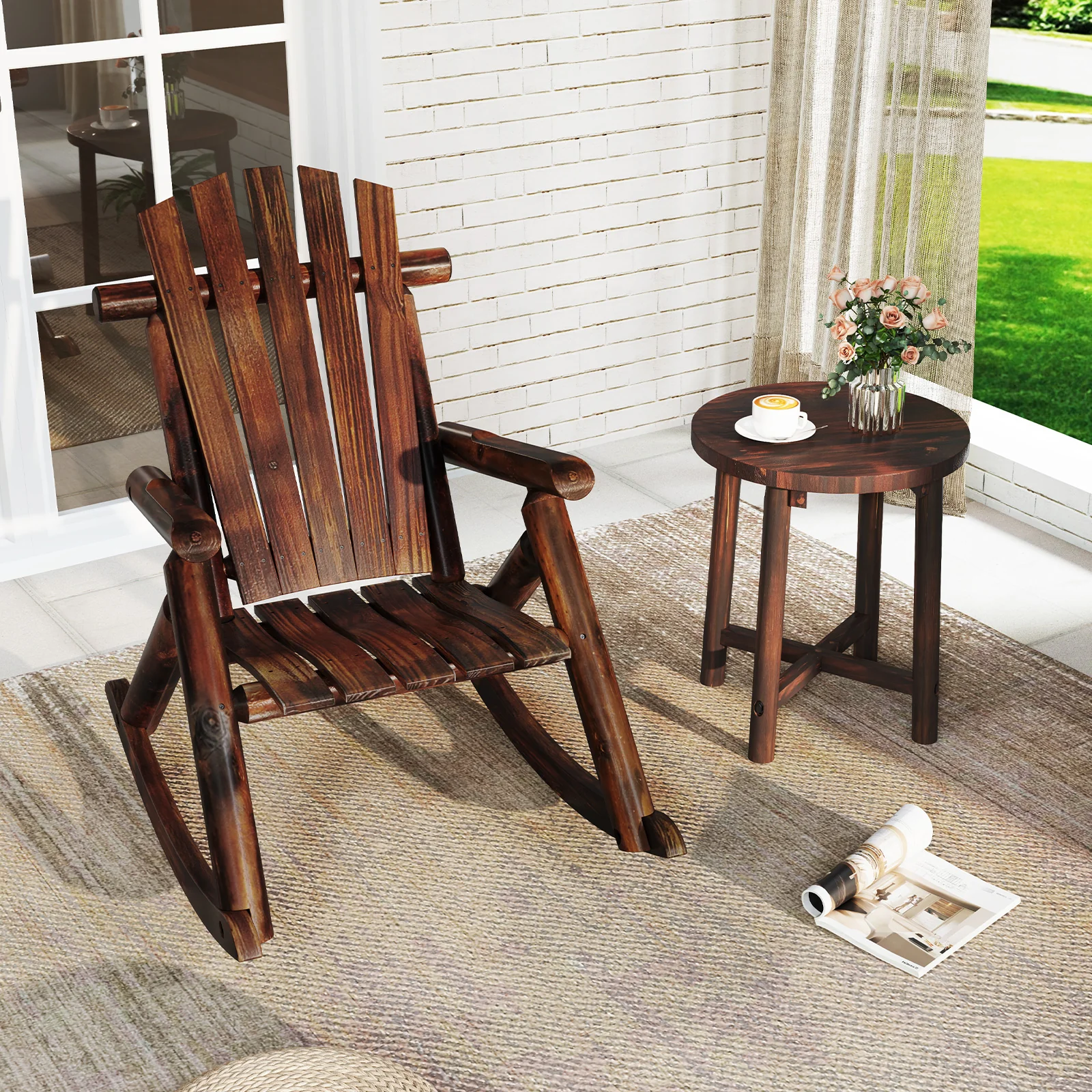 Outdoor Adirondack Rocking Chair, Solid Wood Porch Rocker, Brown - Image 10