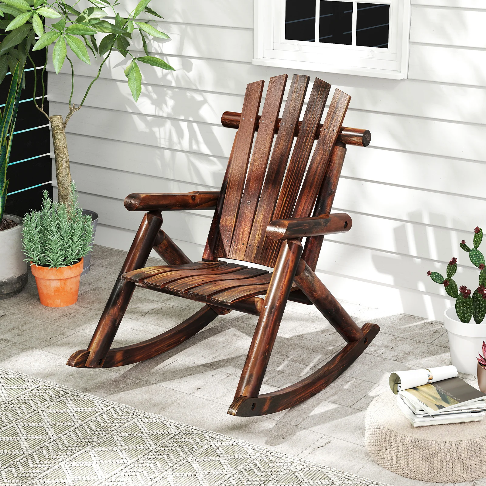Outdoor Adirondack Rocking Chair, Solid Wood Porch Rocker, Brown - Image 2