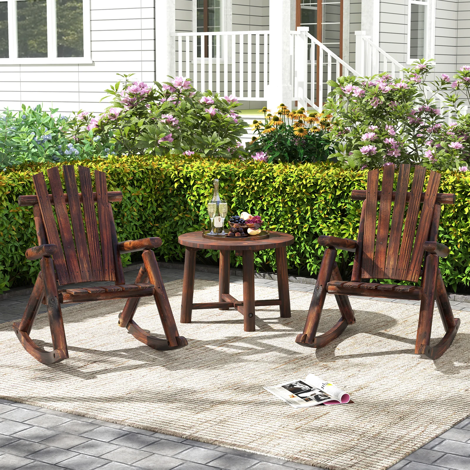 Outdoor Adirondack Rocking Chair, Solid Wood Porch Rocker, Brown - Image 3