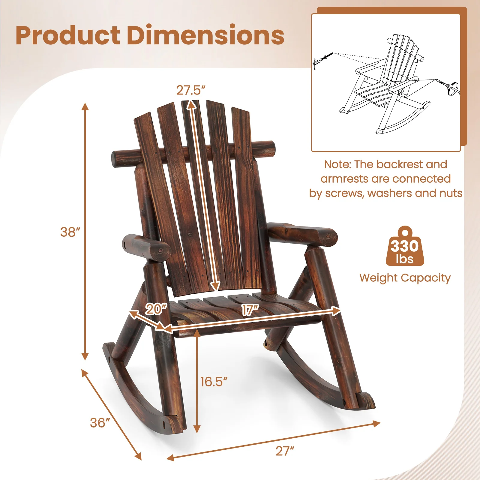 Outdoor Adirondack Rocking Chair, Solid Wood Porch Rocker, Brown - Image 5