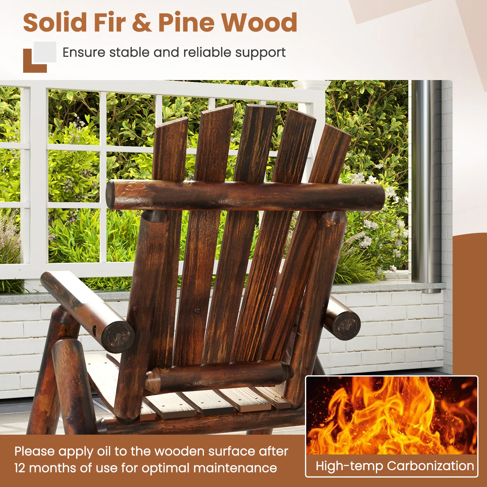 Outdoor Adirondack Rocking Chair, Solid Wood Porch Rocker, Brown - Image 6