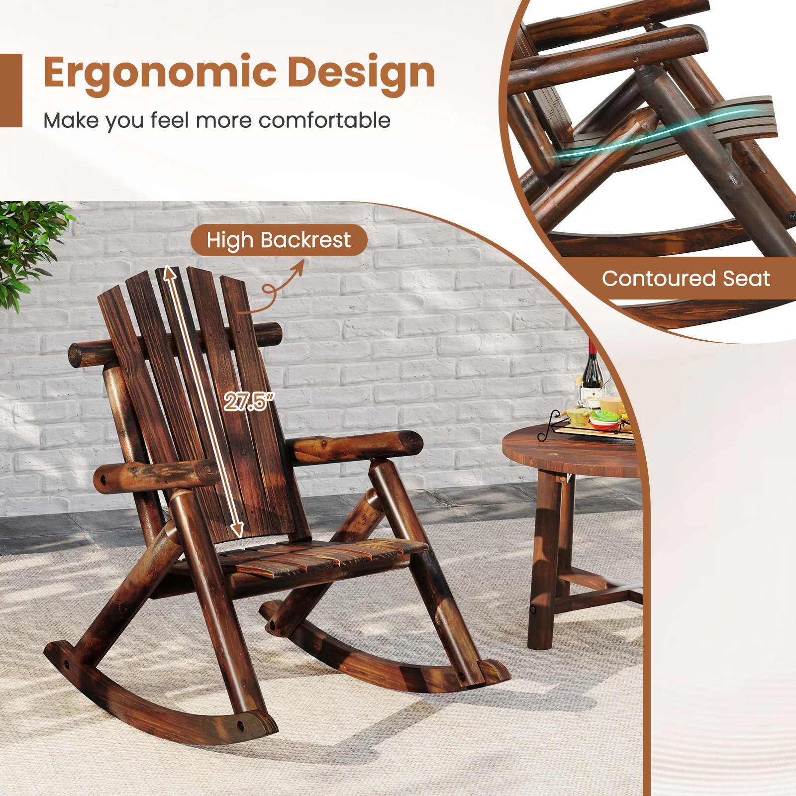 Outdoor Adirondack Rocking Chair, Solid Wood Porch Rocker, Brown - Image 8
