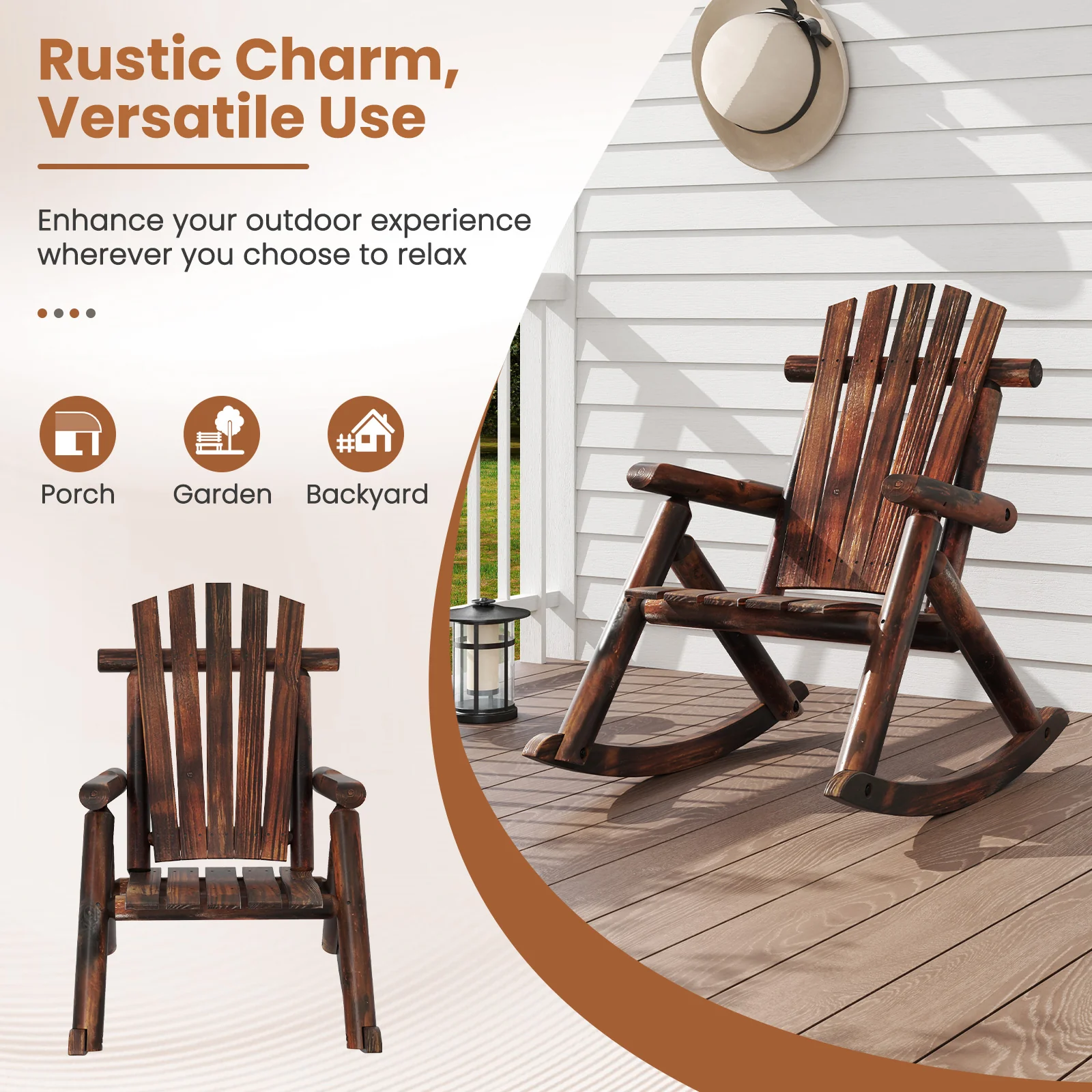Outdoor Adirondack Rocking Chair, Solid Wood Porch Rocker, Brown - Image 9