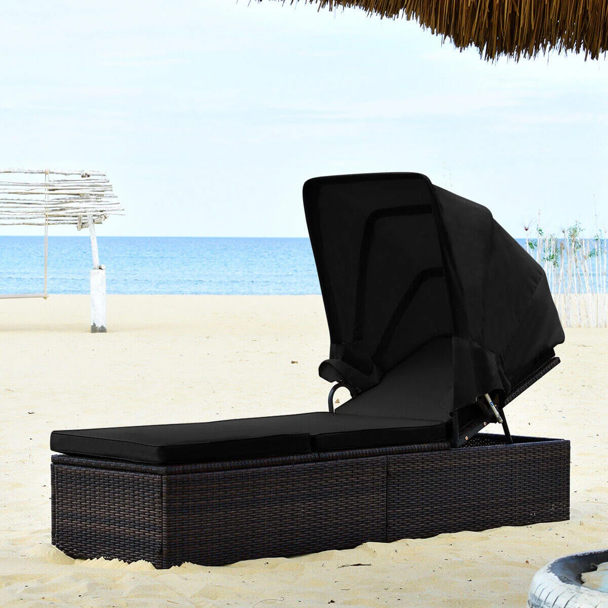 Outdoor Adjustable Chaise Lounge Chair With Folding Canopy, Black - Image 3