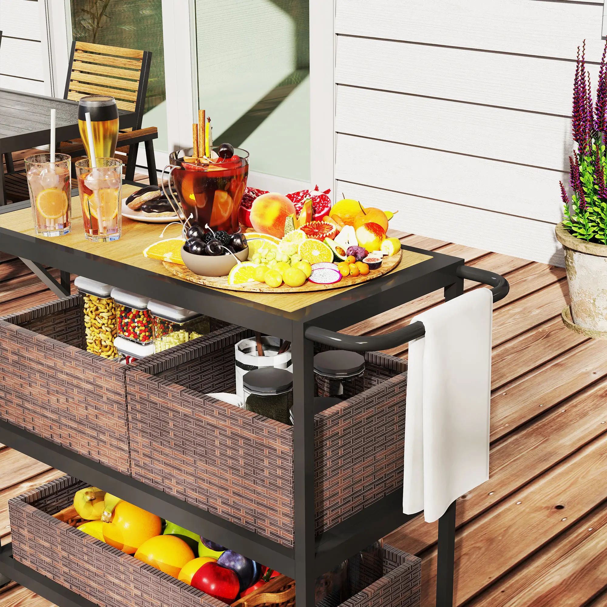 Outdoor Bar Cart, 3-Tier Rolling Cart With Removable Rattan Basket, Mixed-Brown - Image 10