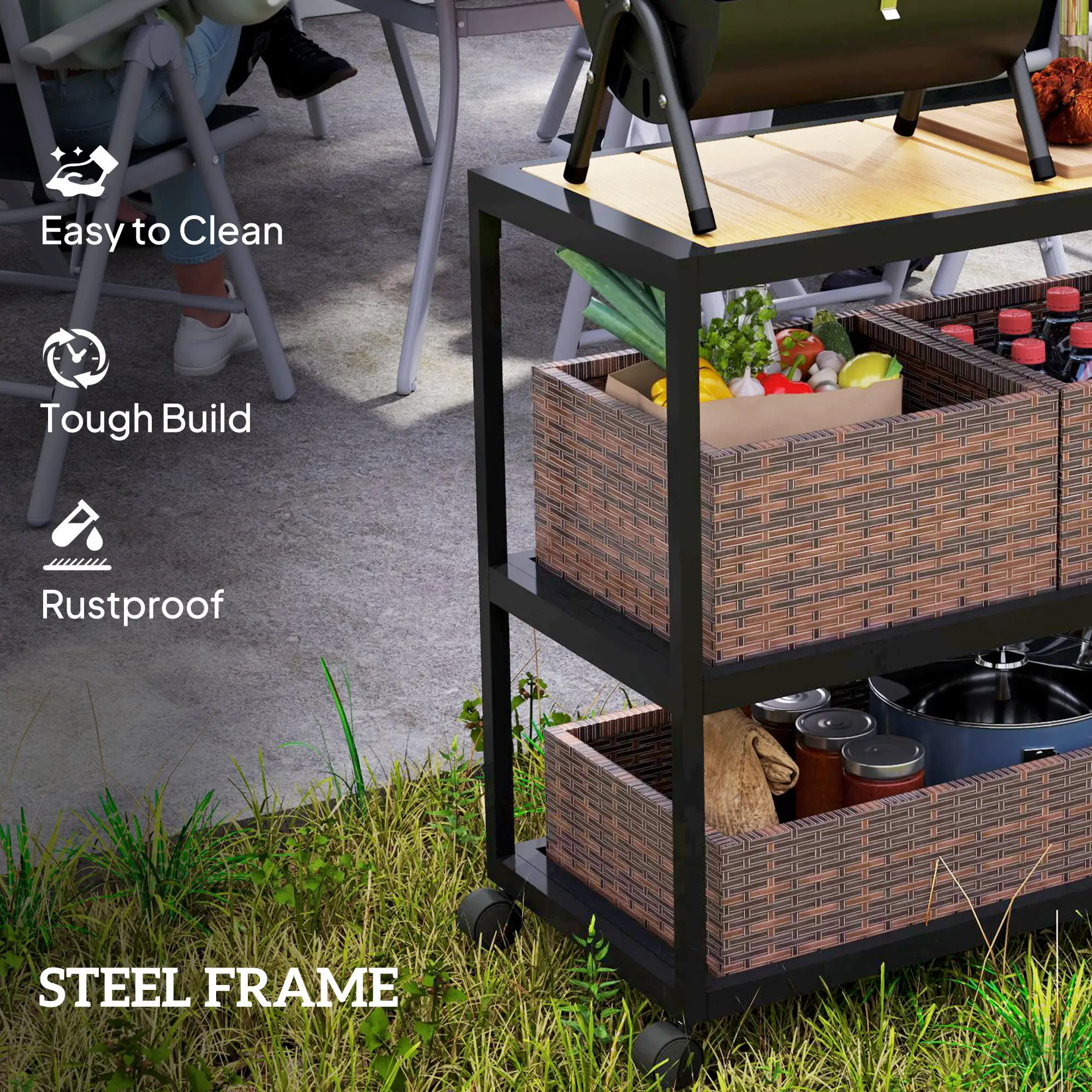 Outdoor Bar Cart, 3-Tier Rolling Cart With Removable Rattan Basket, Mixed-Brown - Image 7