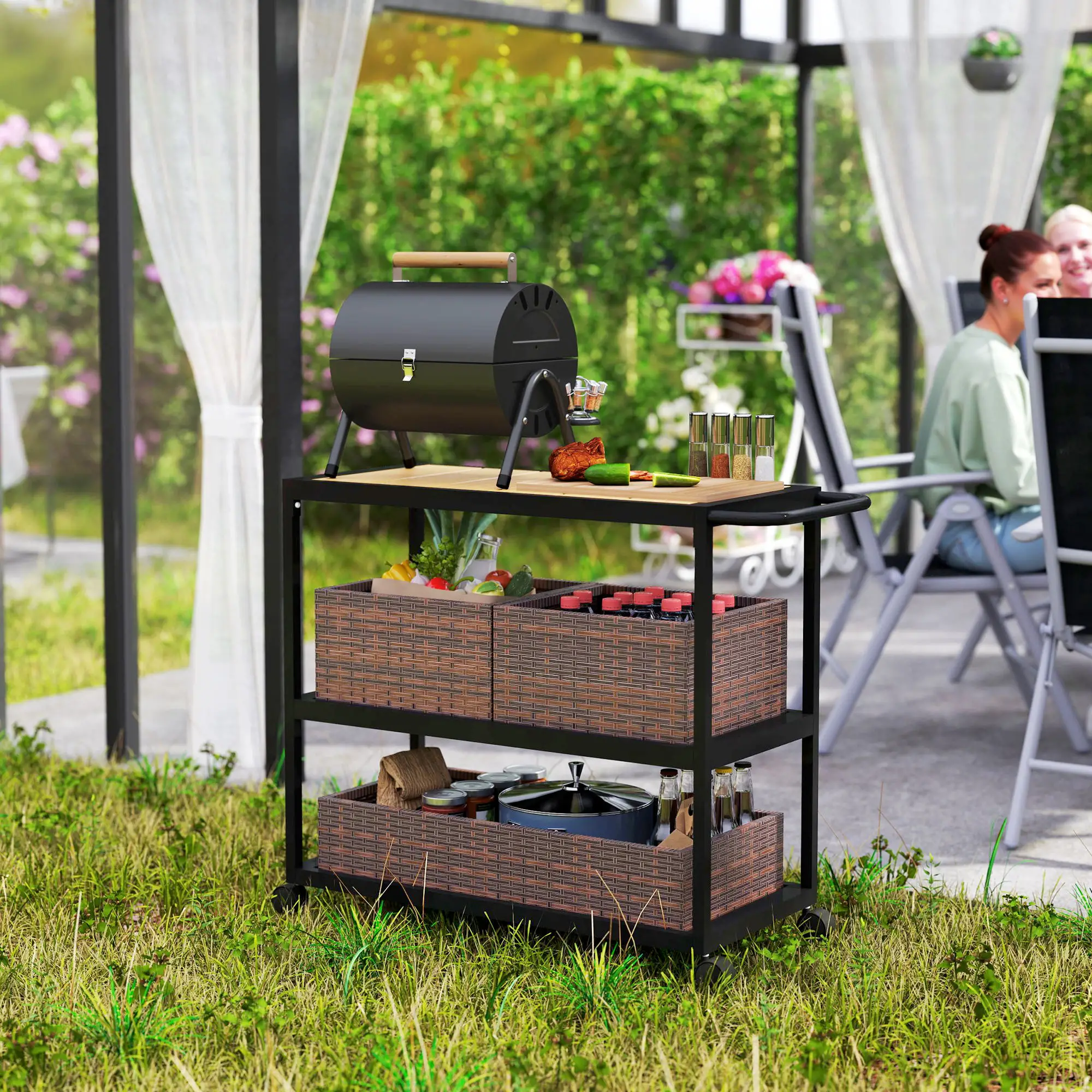Outdoor Bar Cart, 3-Tier Rolling Cart With Removable Rattan Basket, Mixed-Brown - Image 8