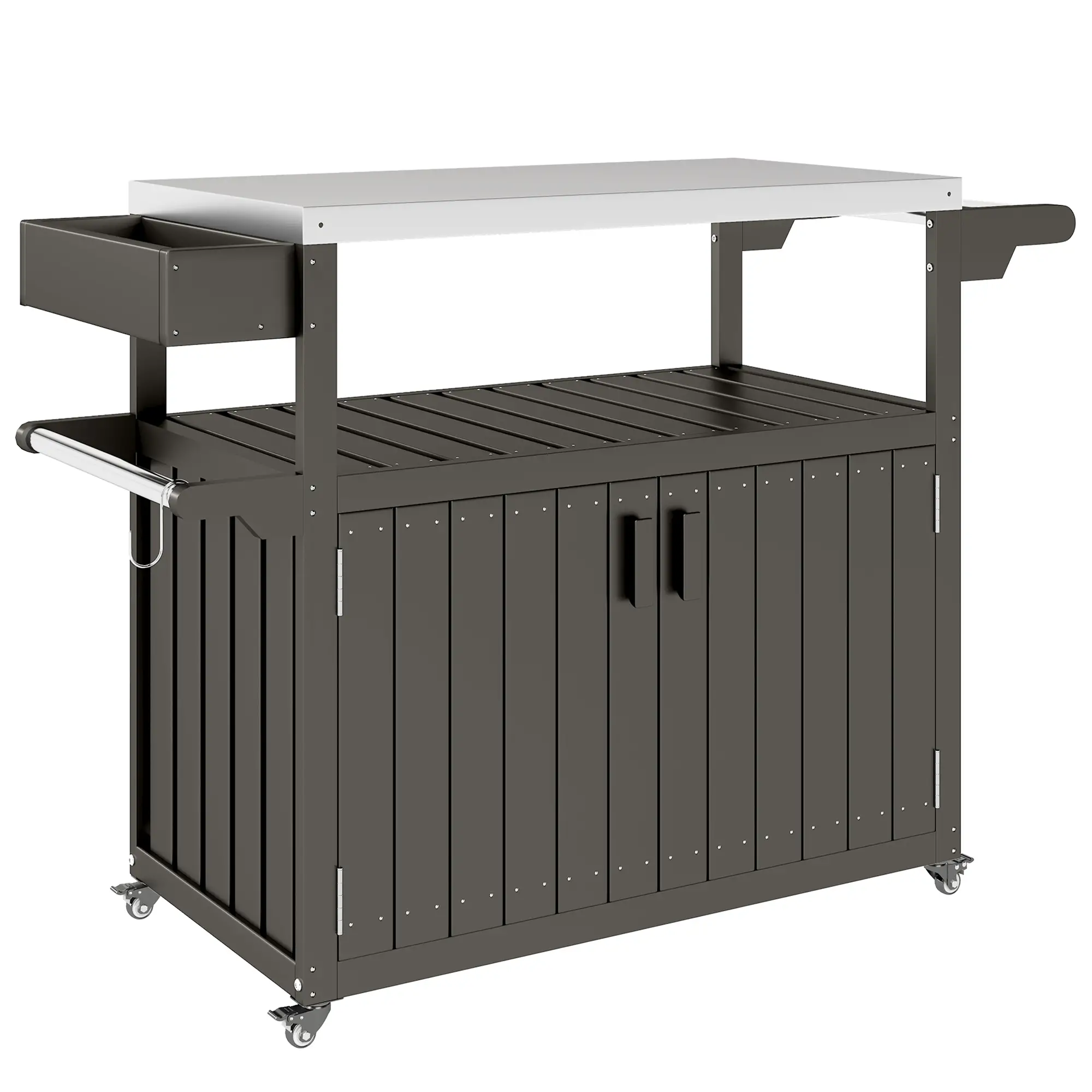 Outdoor Bar Cart With Storage Cabinet, Stainless Steel Table Top, Wheeled HDPE Kitchen Island