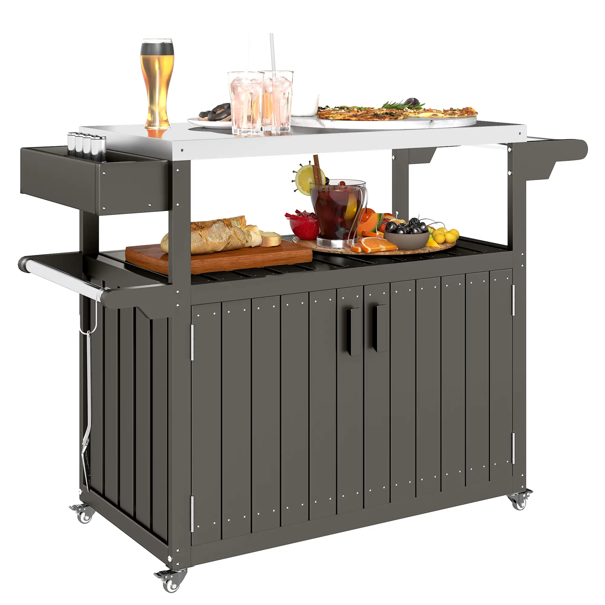 Outdoor Bar Cart With Storage Cabinet, Stainless Steel Table Top, Wheeled HDPE Kitchen Island - Image 11