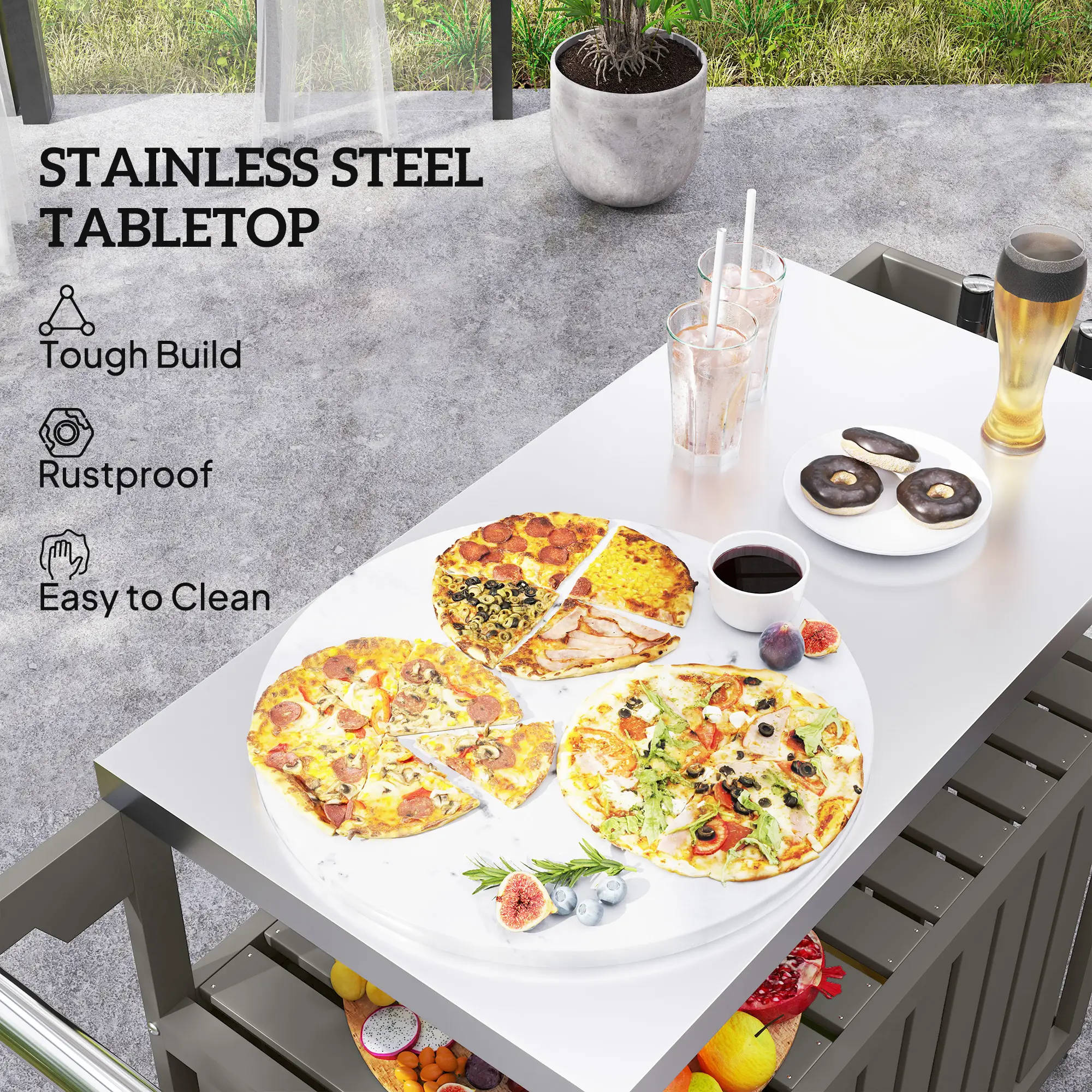 Outdoor Bar Cart With Storage Cabinet, Stainless Steel Table Top, Wheeled HDPE Kitchen Island - Image 4
