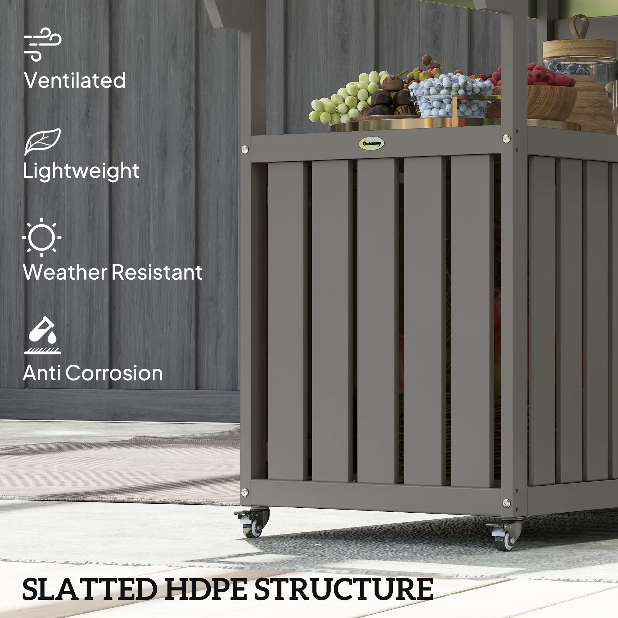 Outdoor Bar Cart With Storage Cabinet, Stainless Steel Table Top, Wheeled HDPE Kitchen Island - Image 5