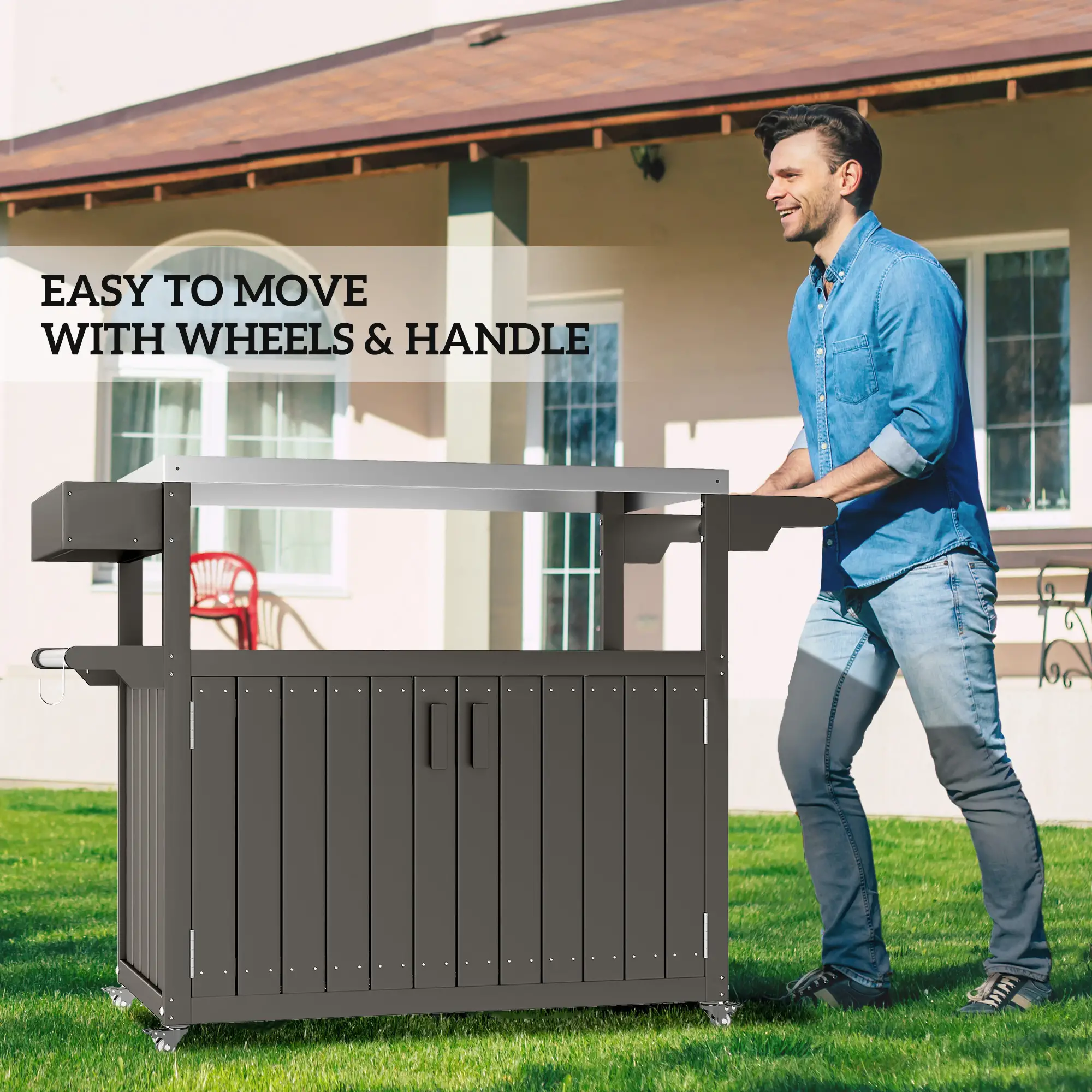 Outdoor Bar Cart With Storage Cabinet, Stainless Steel Table Top, Wheeled HDPE Kitchen Island - Image 7