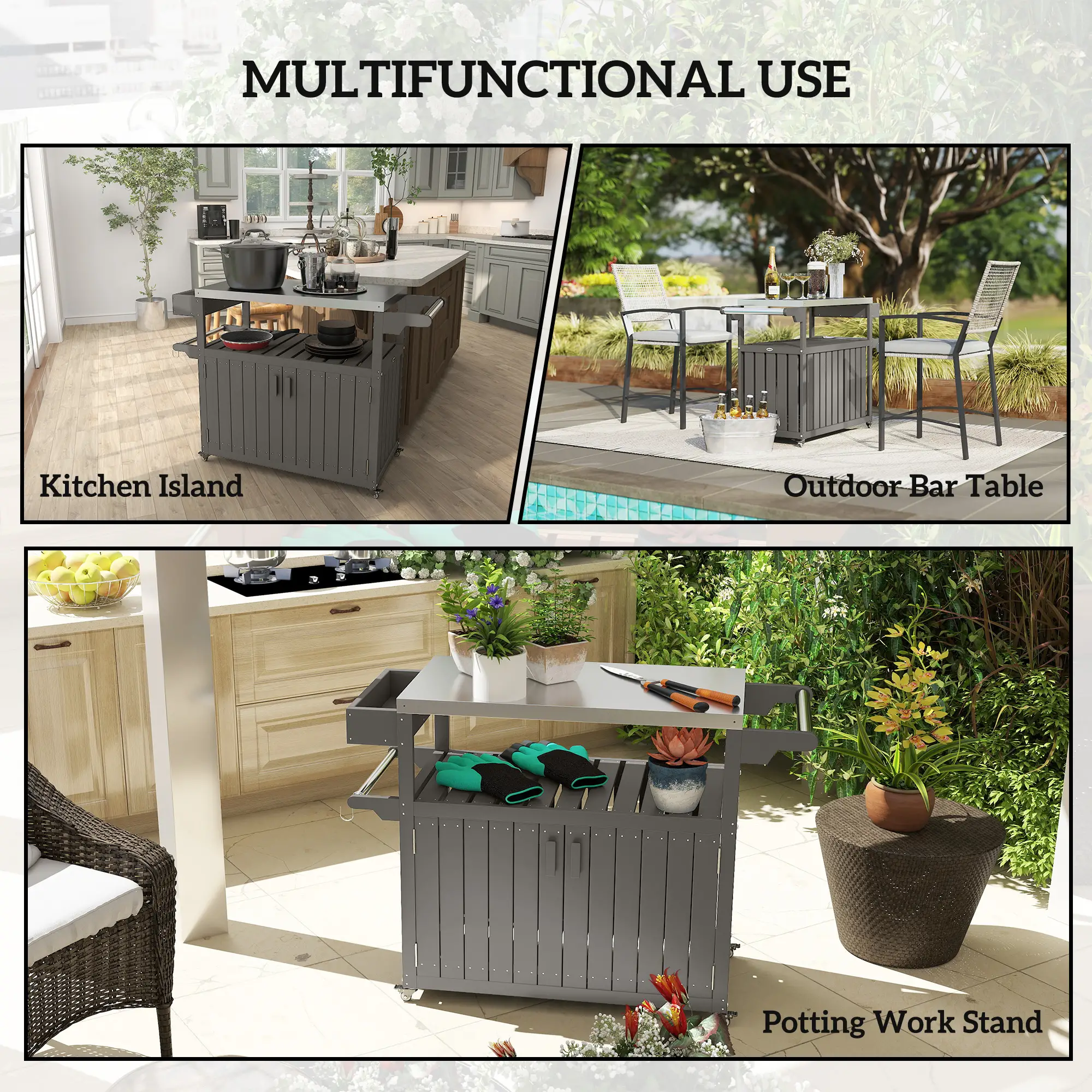 Outdoor Bar Cart With Storage Cabinet, Stainless Steel Table Top, Wheeled HDPE Kitchen Island - Image 9