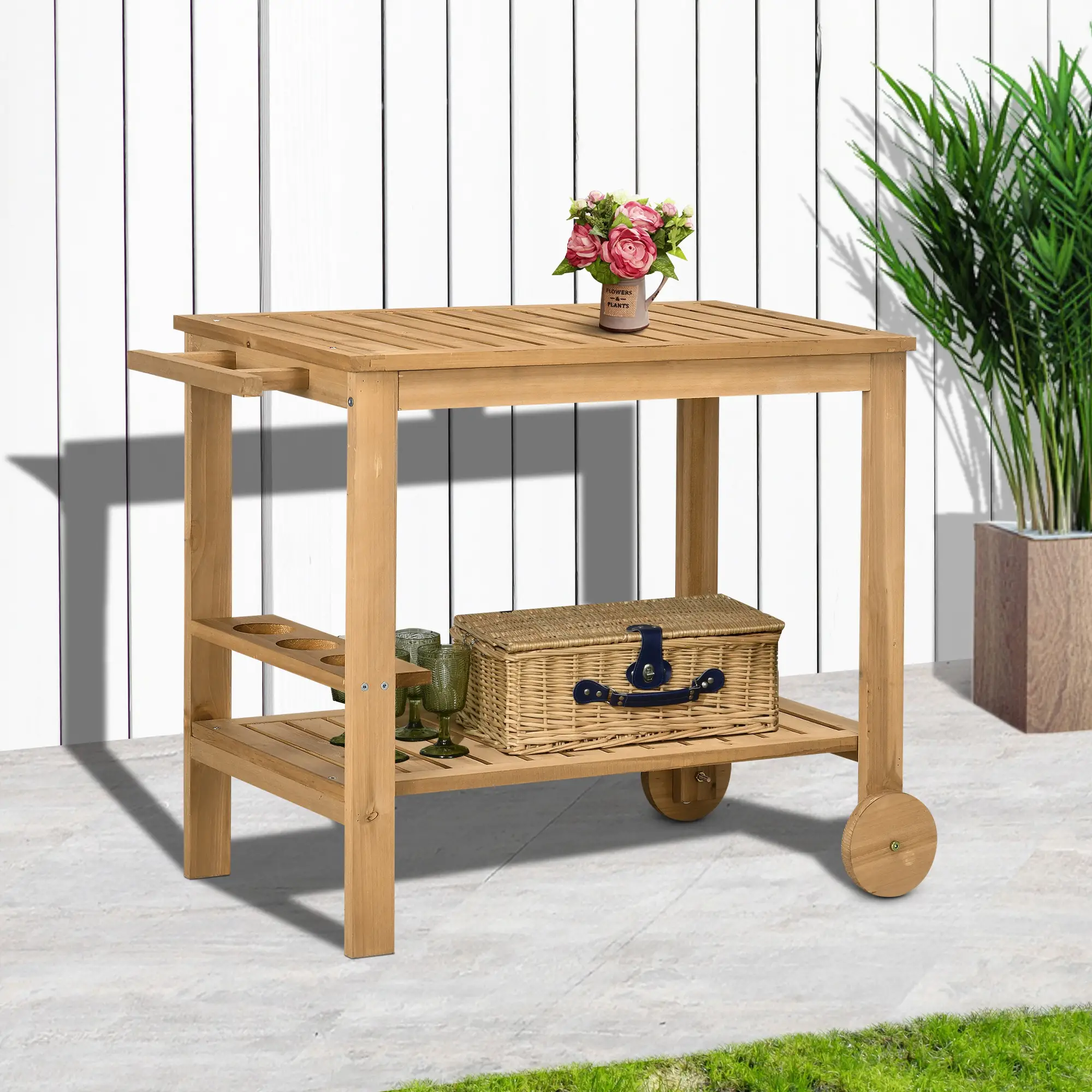 Outdoor Bar Cart, Wood Rolling Serving Cart, 2 Shelves, Wine Bottle Holders - Image 8